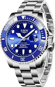 Relógios masculinos modernos de aço inoxidável para homens esportes à prova d'água relógios de luxo marca LIGE relógio de pulso casual azul relógio de data.., Azul, 8.07
