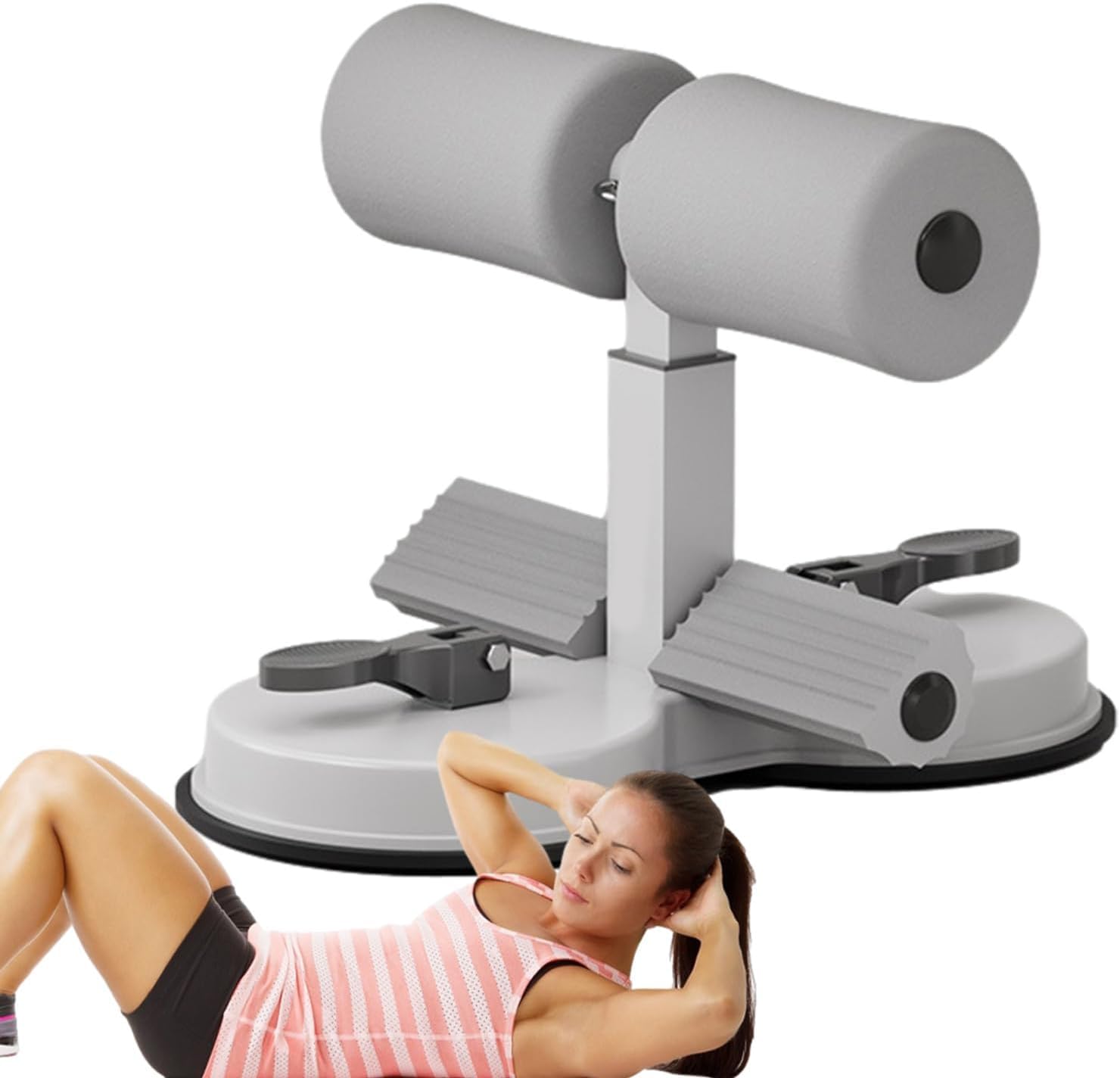 Portable Sit Up Bar | Floor Aid Machine Exercise Bar with 2 Strong Suction Cups - Adjustable Foot Holder, Push Up Home Gym Calisthenics Equipment for Abs Workout, Men Women Fitness (Grey)