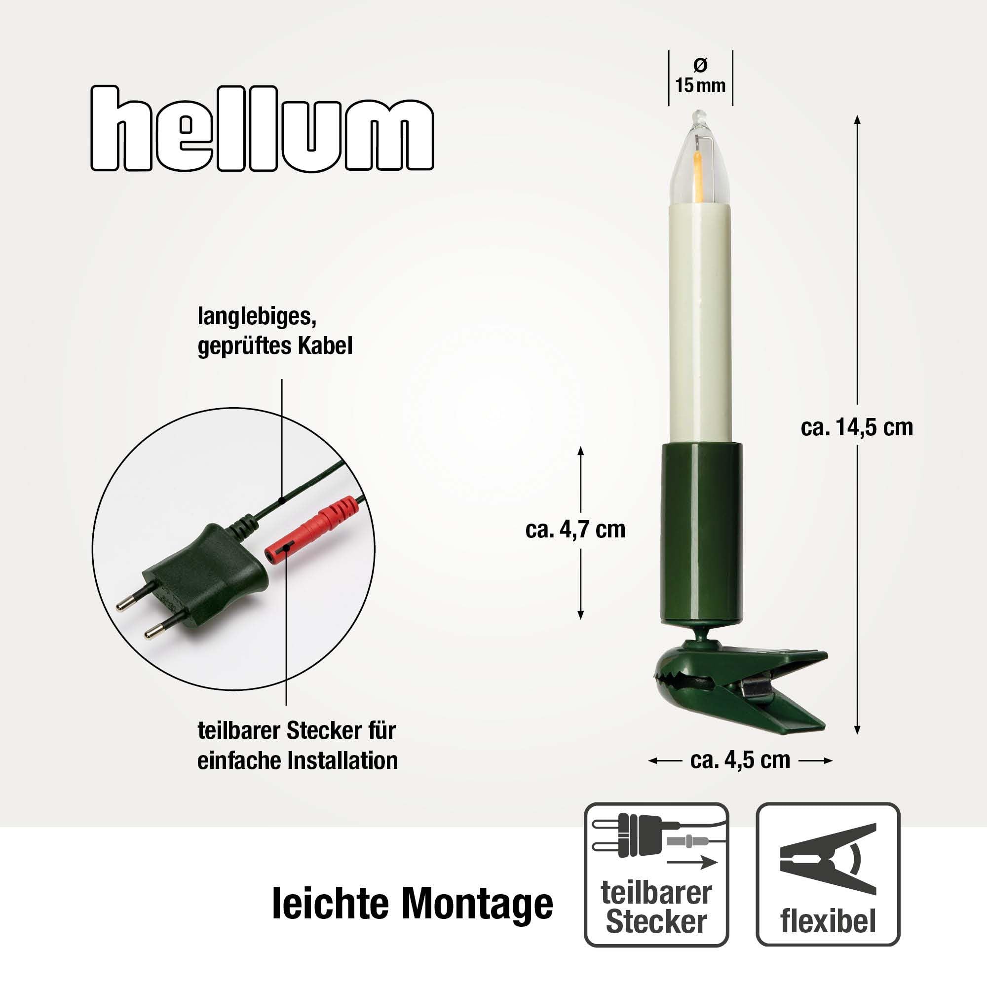 hellum Lichterkette Weihnachtsbaum LED-Filament, Made in Germany, Lichterkette mit Clip, 20 Lichter, beleuchtete Länge 13,30 m, Kabel grün, warmweiß, für Innen, teilbarer Stecker <59lm 802061 | Made in Germany warmweiß, Lichterkette Weihnachten mit Clip,