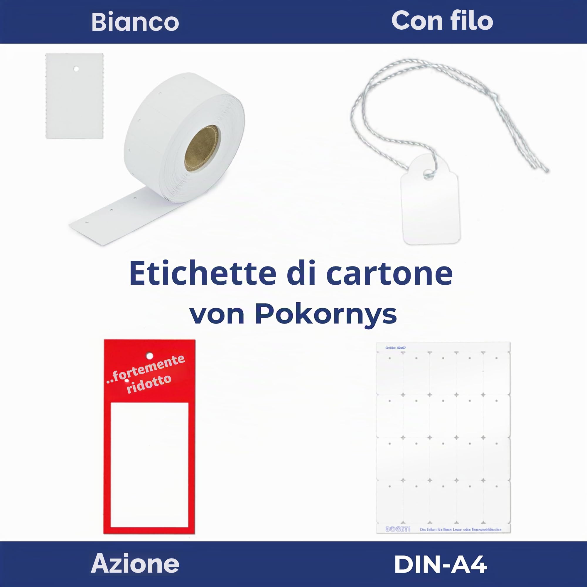 Pokornys - 300 Segnaprezzi con filo (36x53mm) per abbigliamento, gioielli, accessori etc. - Etichette in cartoncino con filo di cotone - Adatte come cartellino da appendere, regalo o decorativo