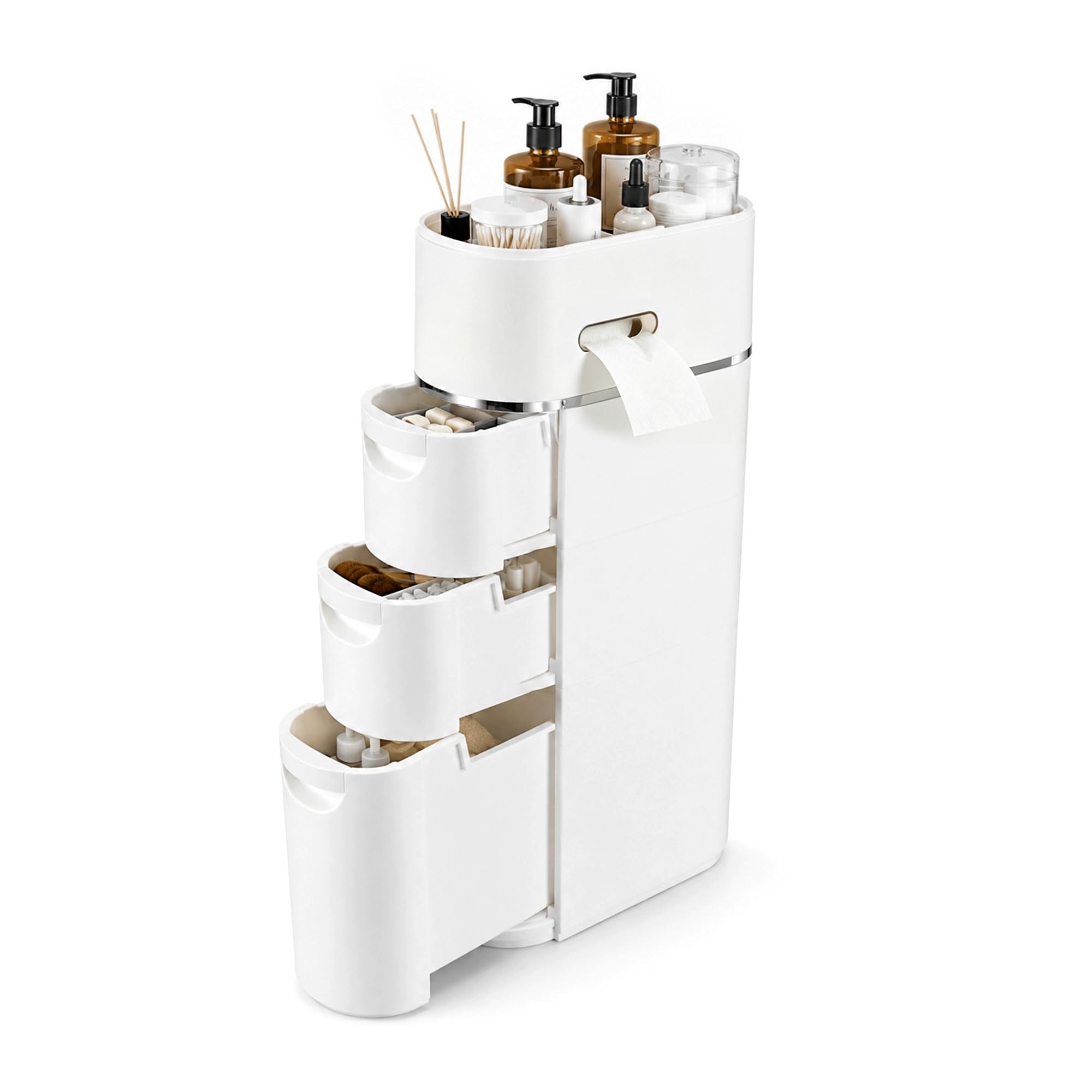 Slim Bathroom Storage Cabinet 4 Tier, Narrow Floor Standing Storage Unit with 3 Drawers & Toilet Paper Holder, Freestanding Bathroom Cabinet Organiser Waterproof Space Saving for Toilet Laundry White