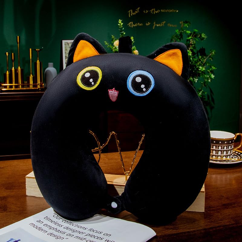 VICKYPOP Animal Neck Pillow Cute Cartoon Memory Cotton Stuffed U-Shaped Travel Plush Pillow (Black Cat, 11.8 inches)