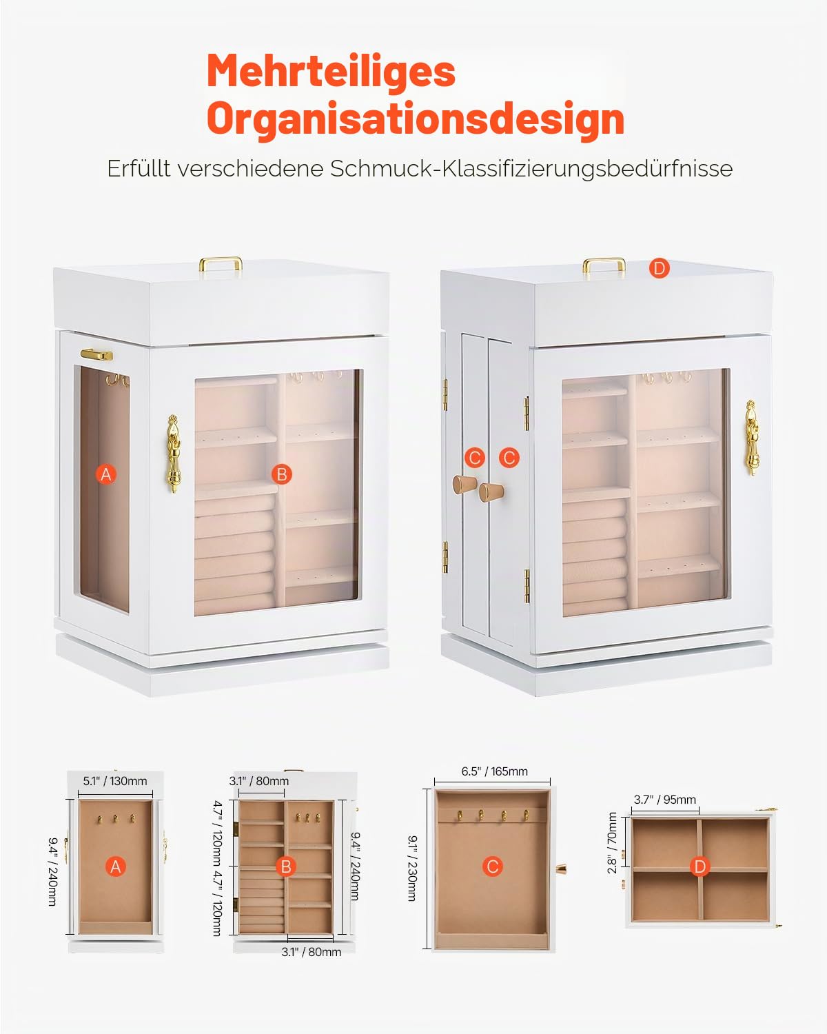 VEVOR Schmuckkästchen 360° drehbarer Schmuckkasten mit magnetischer Tür & Acrylfenster & 4 integrierten Halskettenhaken, Aufbewahrungskoffer mit Metallgriffen, Bodenpolster & weichem Samtfutter