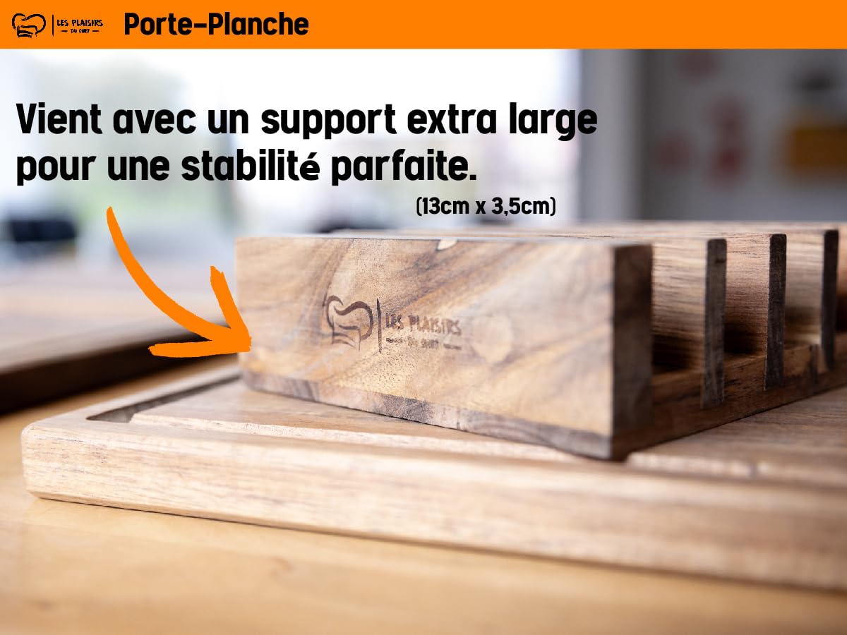 Ensemble 4 Planches à Découper Acacia + Support – Bois Premium 2 Cm D'Épaisseur, Rainures à Jus – Idéal Viande, Fromage, Fruits & Service