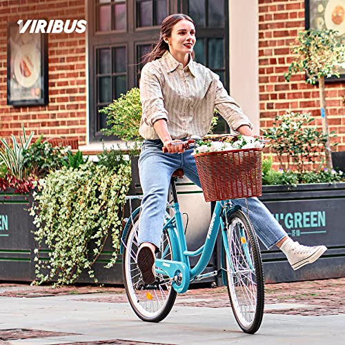 Viribus Women’s Cruiser Bike, 26 Inch Beach & City Cruiser Bike With Carbon Steel Frame Dual V Brakes, Adjustable Step Through Bike With Basket & Rack, Single Speed Hybrid Bike For Women & Men, Teal #TOP1