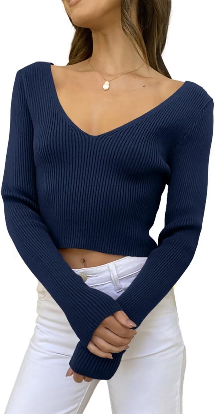 Ezbelle Womens Sweaters V Neck Shirts Sexy Top Chunky Sweater Lightweight Long Sleeve Clothes Navy Blue L - Image 2