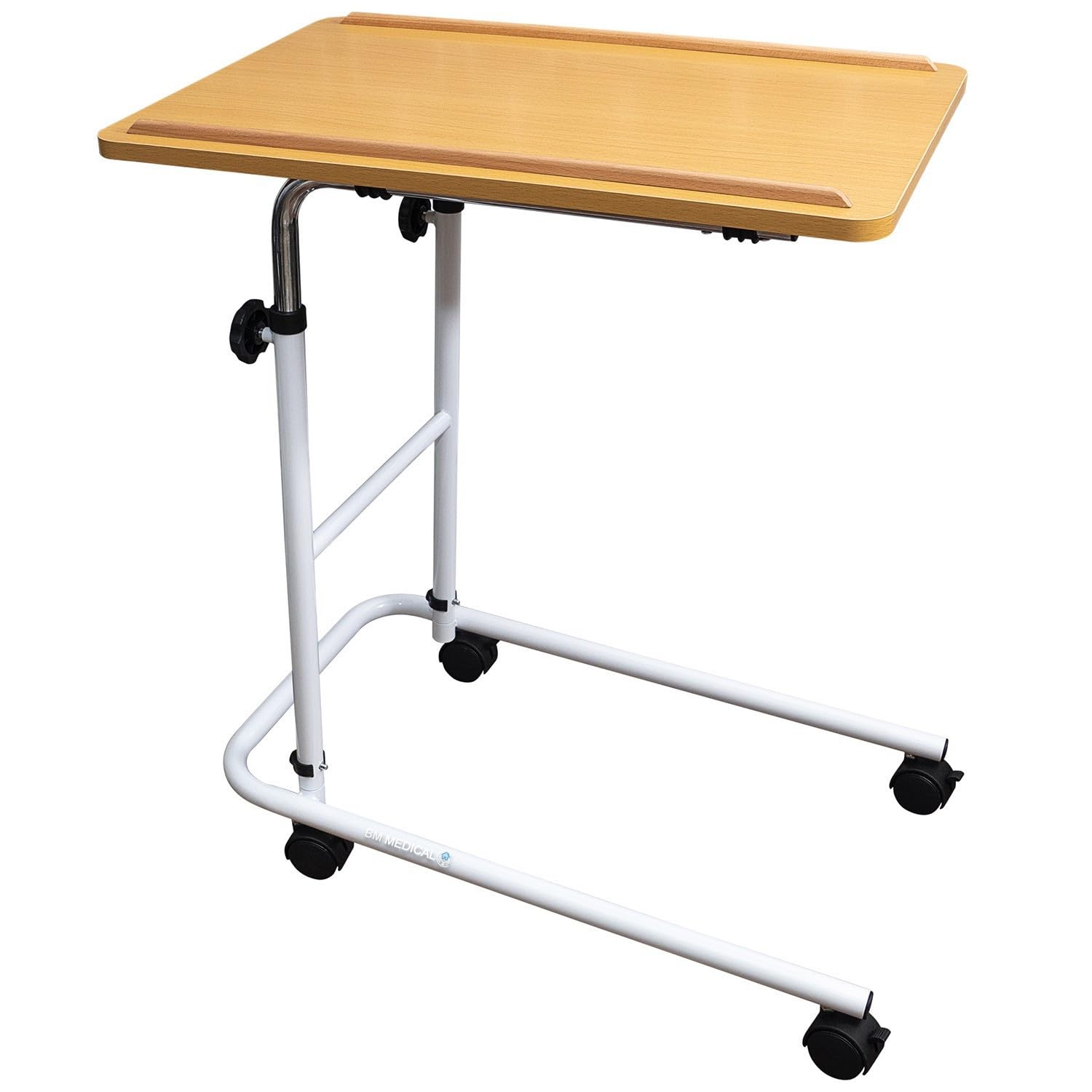 BM MEDICAL Table de lit d'alité T-100-RH - piètement en H, Grand Plateau réglable - 2 roulettes à Freins