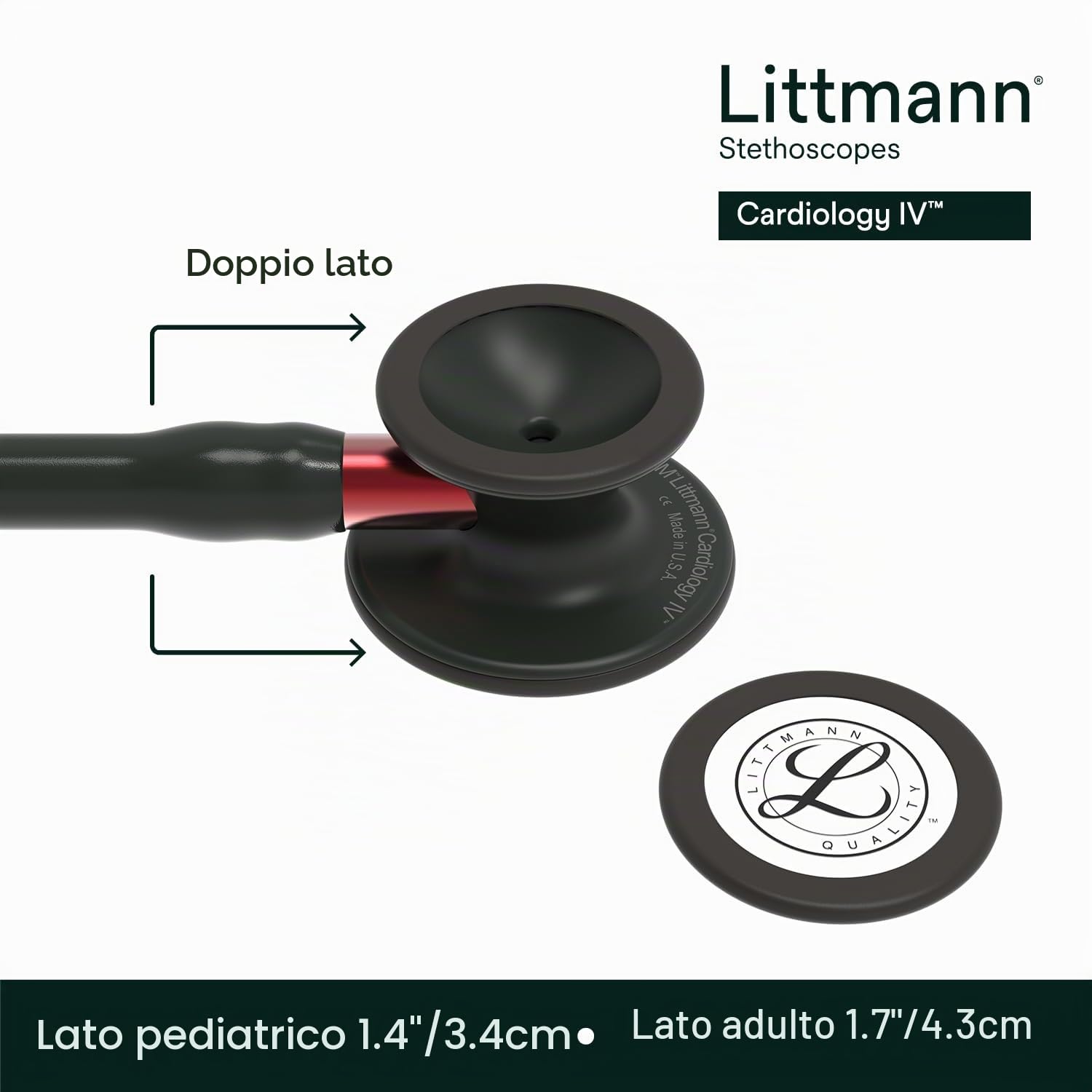 3M Littmann Stetoscopio diagnostico Cardiology IV, testina con finitura nera, tubo auricolare nero, connettore e archetto rossi, 69 cm, 6200