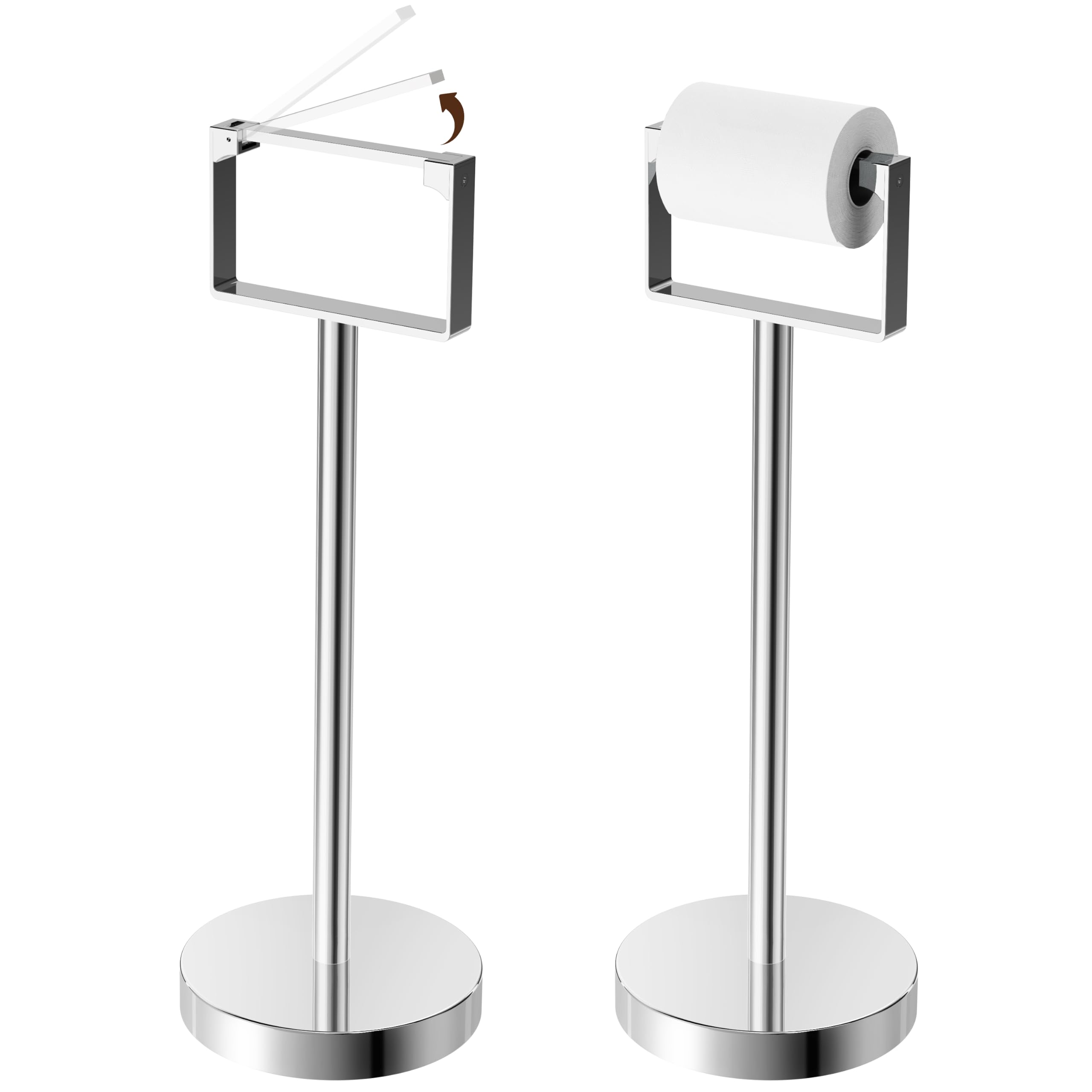 RUACQ Toilet Paper Holder Stand, Stainless Steel Toilet Paper Holder Free Standing, Weighted Base Floor Tissue Roll Holder for Bathroom (Chrome, 1 Pack)