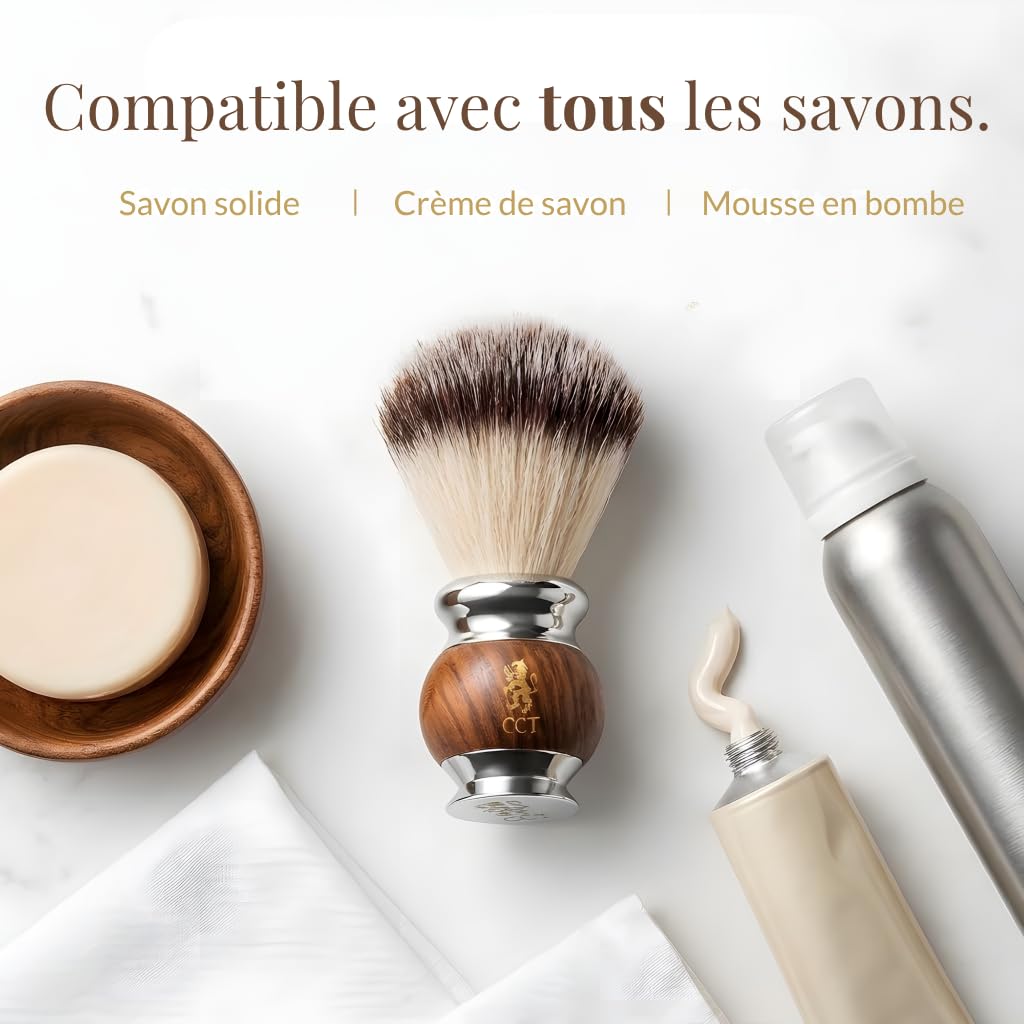 The Cambridge Cut Throat Blaireau Rasage de Haute Qualité pour Hommes en Bois et Acier Inoxydable, Poils Végétaliens Synthétiques