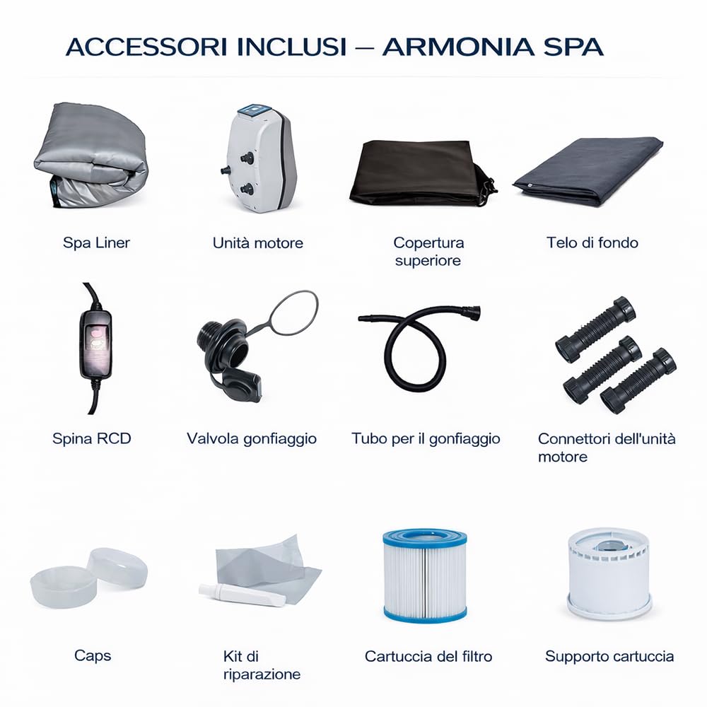 Piscina Idromassaggio Quadrata ARMONIA 4 Posti | Spa Gonfiabile con Riscaldamento, Sistema Filtrazione e Copertura con Accessori Inclusi