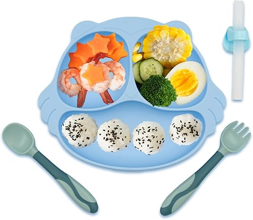 Platos de silicona para bebé, platos para niños pequeños con ventosa, juego de 4 platos y utensilios de silicona para bebés, suministros de