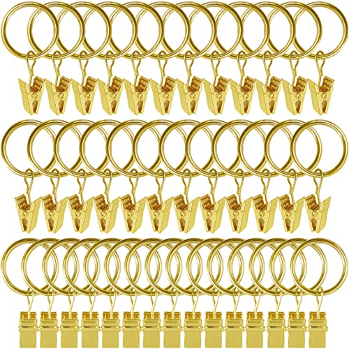 Image of WeeksEight 44 Pack Gold Curtain Rings with Clips, Curtain Hooks Hangers Clip Rings for Hanging Drapes Bows Hat, Drapery Rings 1 in I D, Fits up to 5/8 in Diameter Curtain Rod.
