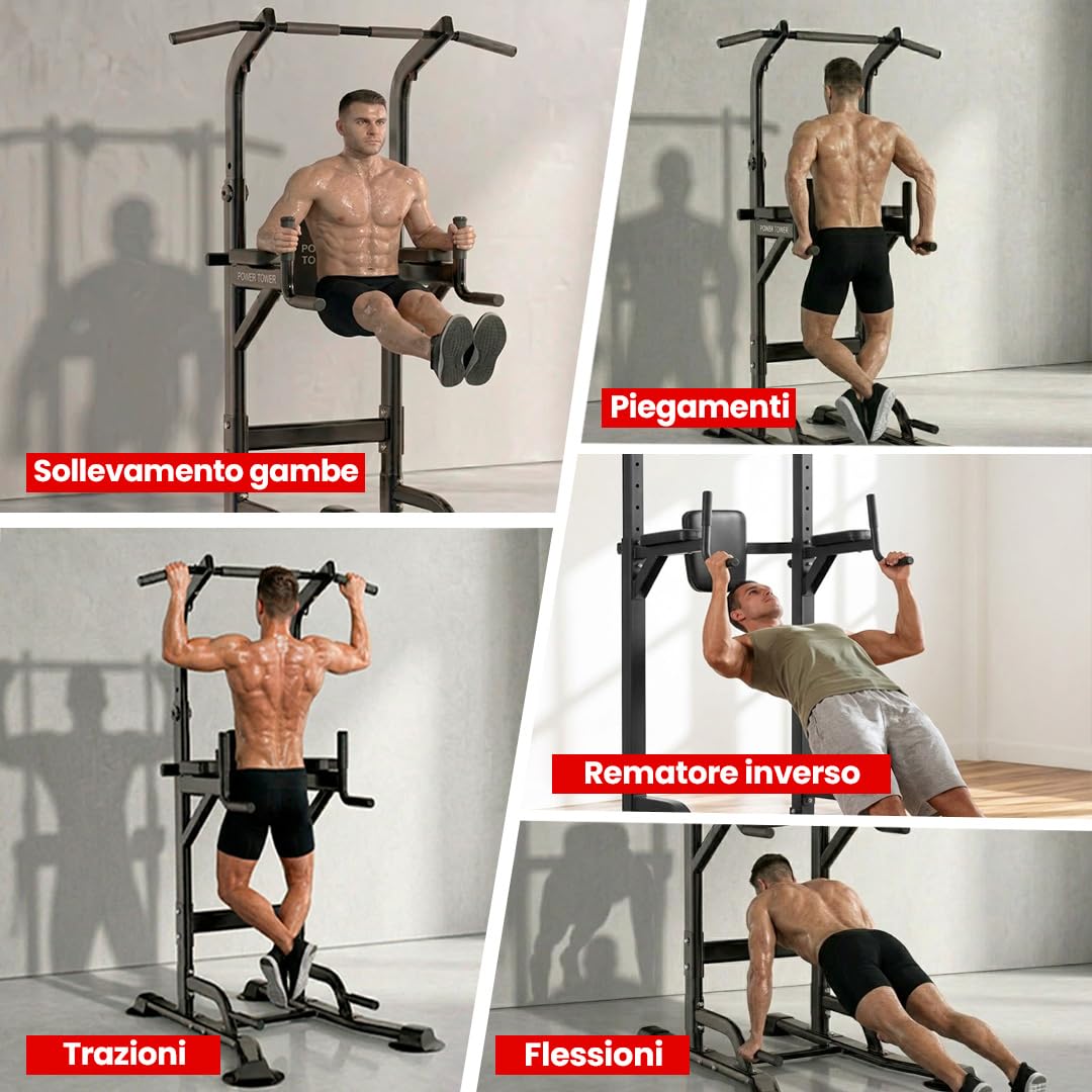 ManiBoom "ROCCIA SOLIDA" Barra Trazioni Autoportante (220KG) - Power Tower Regolabile (165-235cm) con Base Antiribaltamento per Calisthenics, Dips e Trazioni a Casa