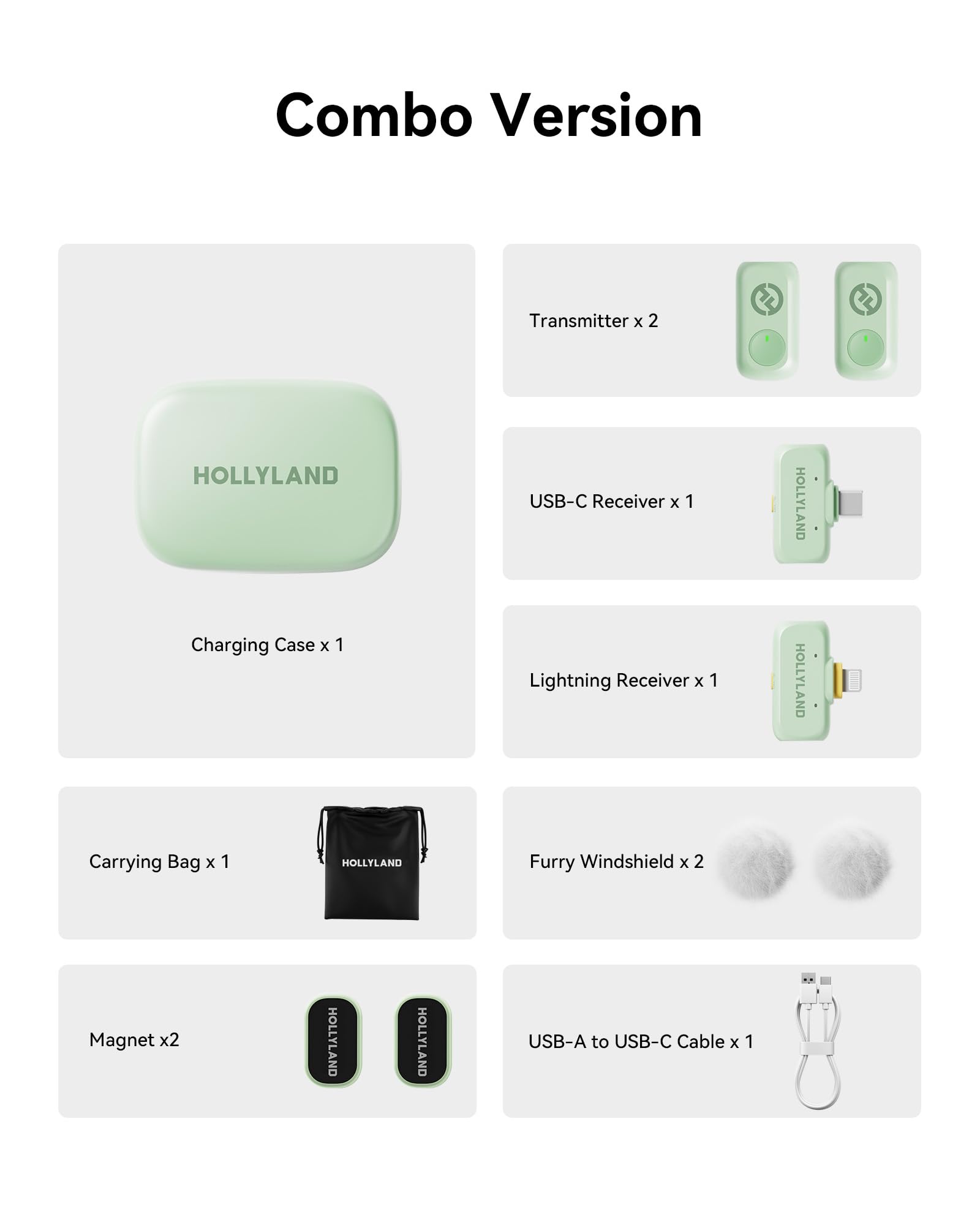 Hollyland Lark A1 Wireless Mini Microphone for iPhone & Android, 48kHz/24-bit, 3-Level Intelligent Noise Cancel, Microphone for YouTube, Podcast, Vlogging (Black, 2TX + 2RX + Charging Case): Green Combo (USB-C RX + Lightning RX + Charging Case)