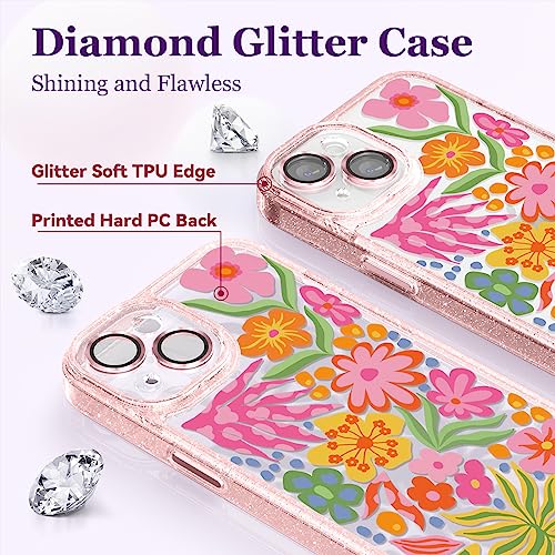 Image of Designed for iPhone 14 Case Pink Glitter Clear - Cute Bling Phone Case with Wrist Strap - Aesthetic Y2K Case for Woman, Girl 6.1 inch (Passion Flower)