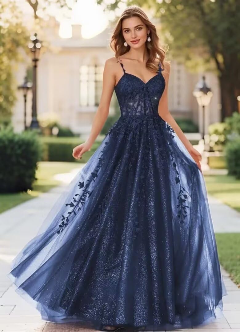 Glitter Tulle Prom Dress Lace Appliques Sweetheart Long Ball Gown with Slit