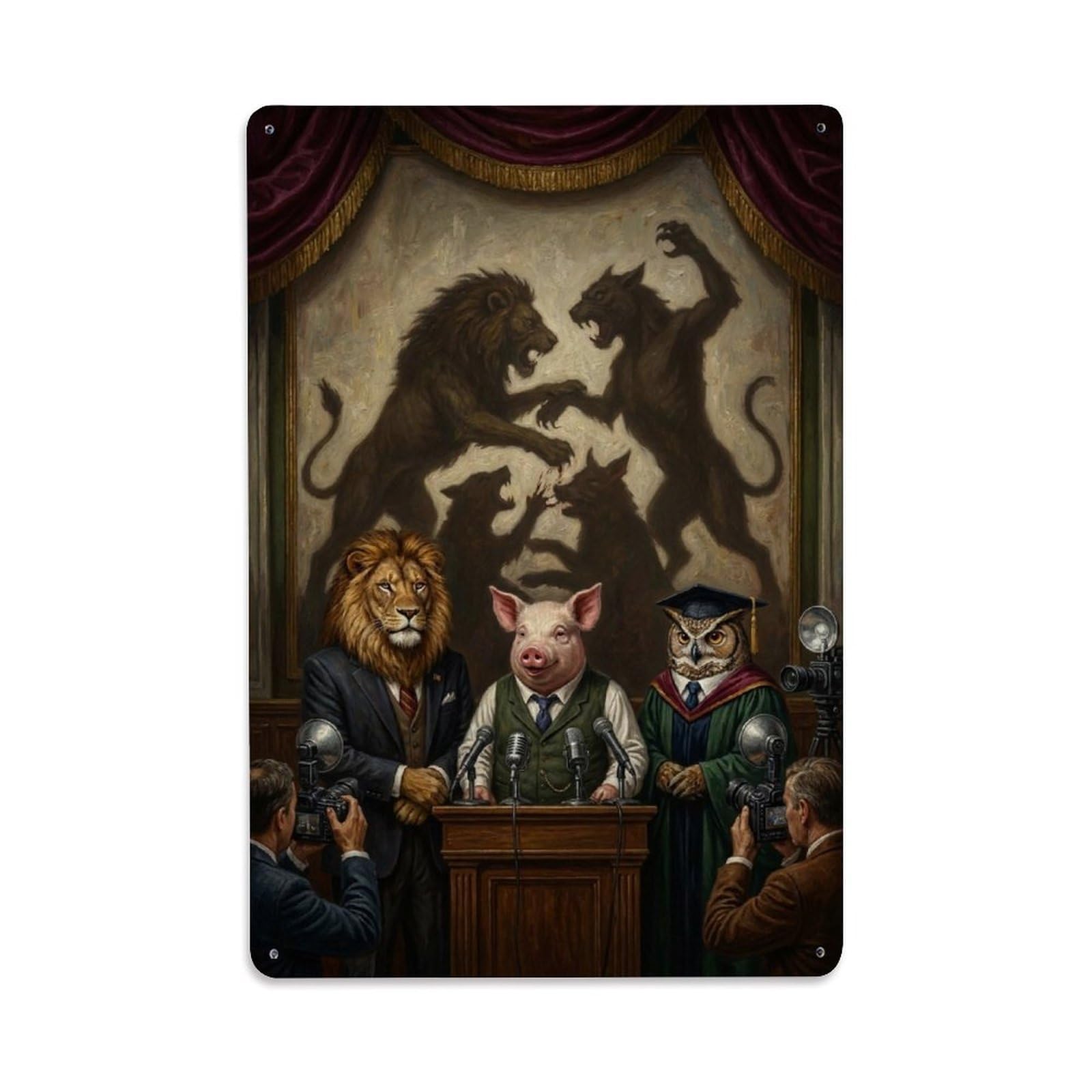 Lion Pig Courtroom Power Satire Surreal Vintage Animal Visual Metal Tin Sign Plaque Wall Decor for Cafe, Man Cave, Club Bar, Office, Home Garden Round Metal Poster 8x12Inch