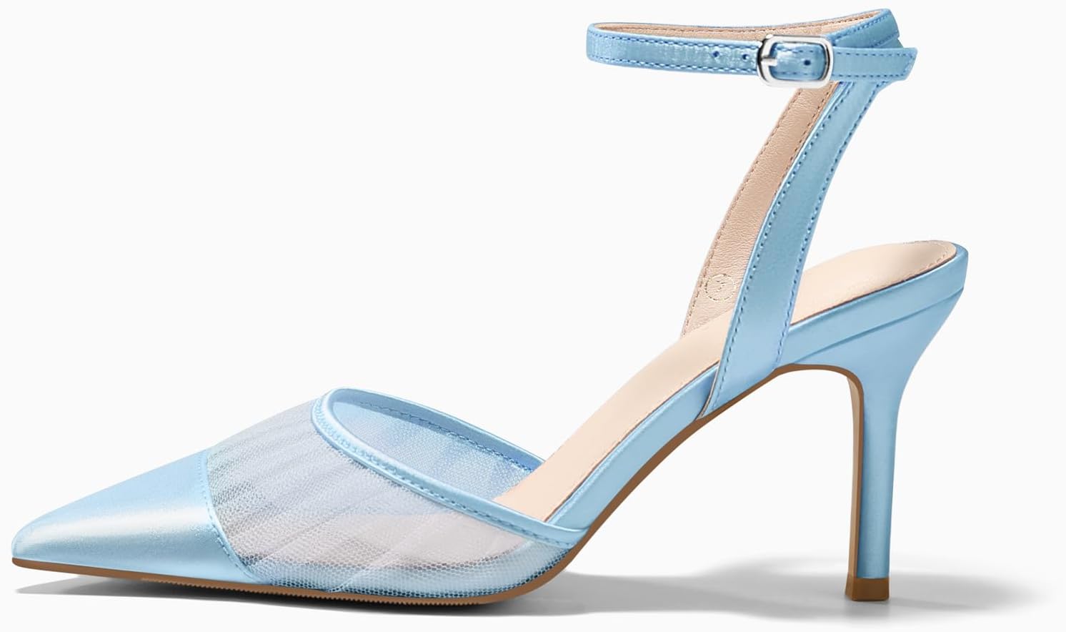 Coutgo Womens Closed Toe High Heels Mesh Satin Pointed Toe Dress Shoes Ankle Strap Pacthwork Wedding Pump Shoes - Image 4
