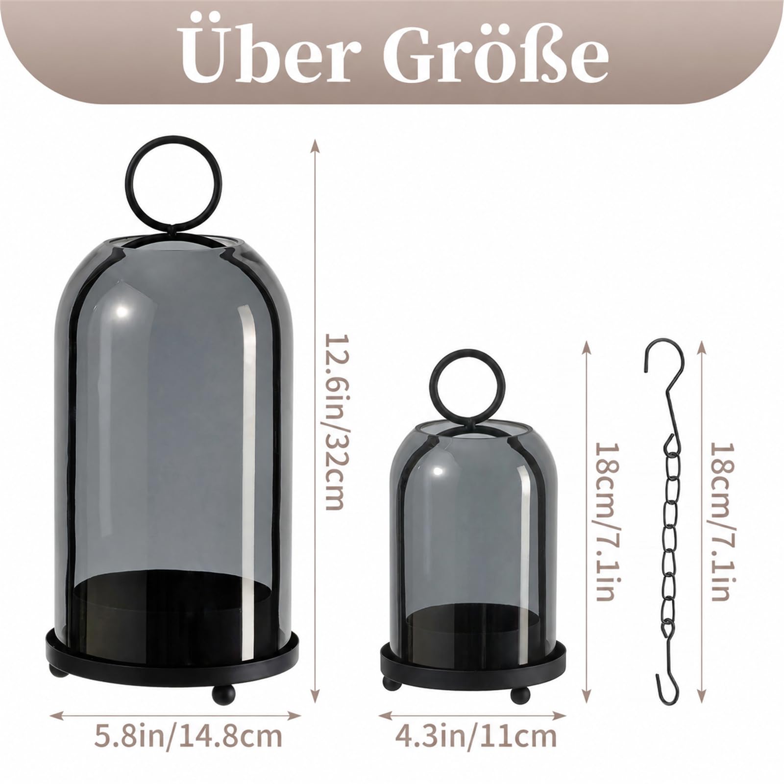 Sziqiqi Windlicht Schwarz mit Rauchglas, 2er-Set, Deko für Wohnzimmer