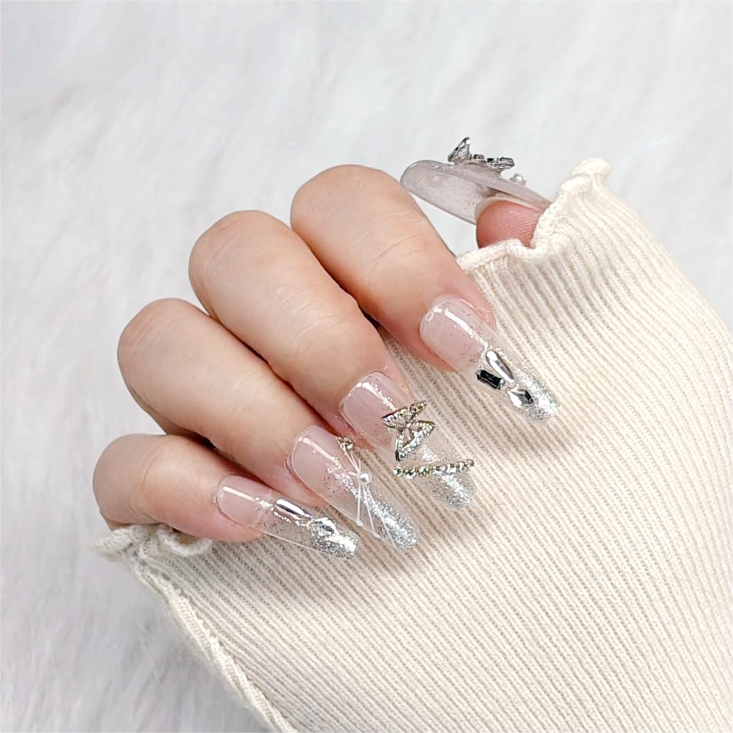 Press on Nails, Handmade Long Square Fake Nails,Shiny silver butterflies, Easy to Replace False Nails for Wedding, Party, Birthday. Stick on Nails