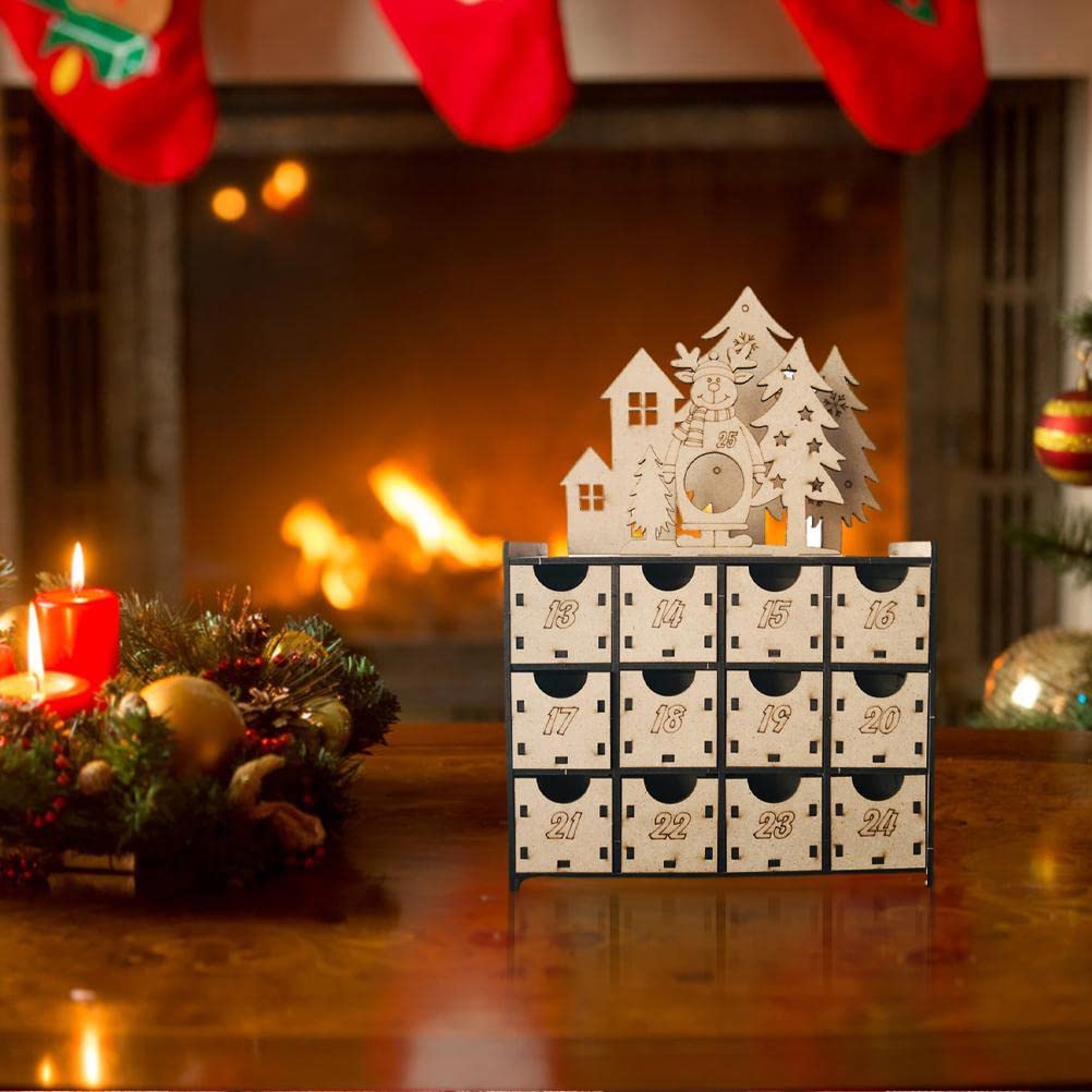Calendario de Adviento de madera hecho a mano, cuenta regresiva de chocolate para Navidad, para niños, familia de Navidad reutilizable, color marrón