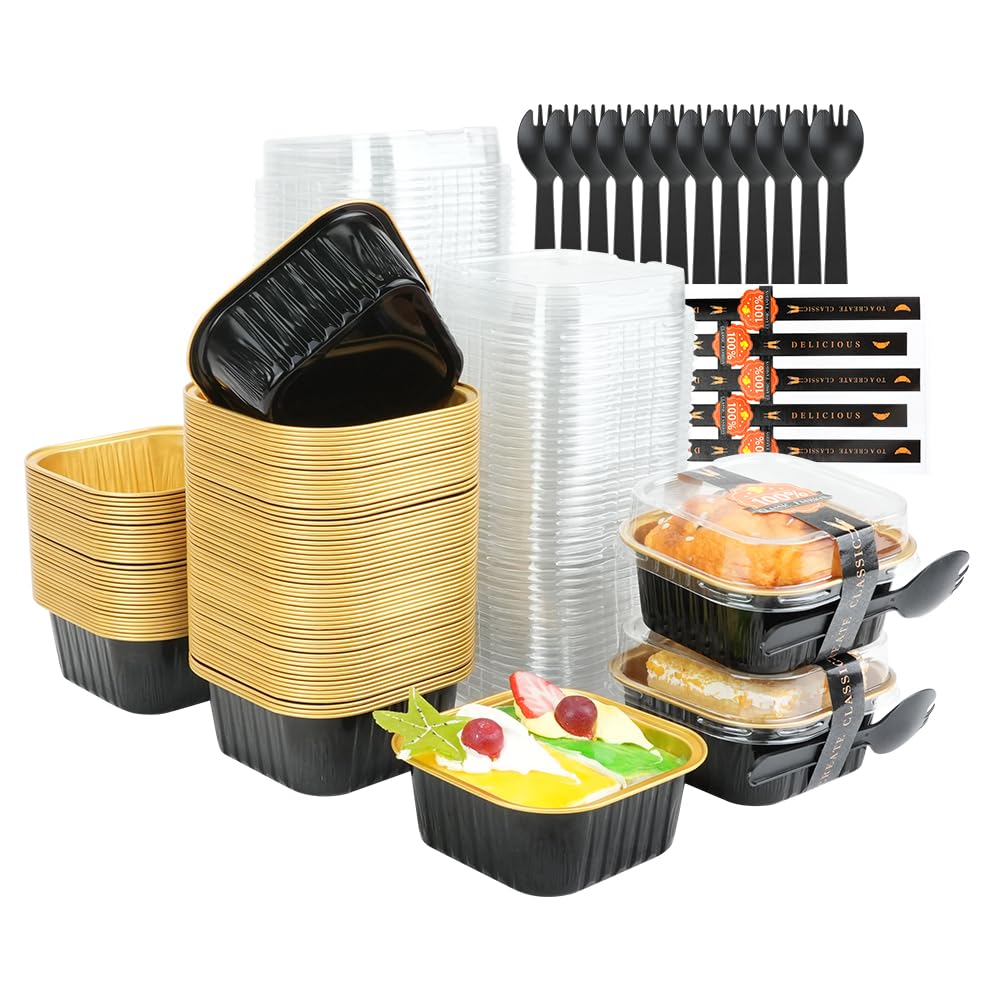 RETON 100 Stücke Backförmchen aus Aluminiumfolie, 5oz Quadratische Muffinförmchen mit Deckel, Mini Cupcake Förmchen Muffinförmchen mit 100 Aufklebern und Löffel für Cupcakes, Muffins, Dessert(Schwarz)