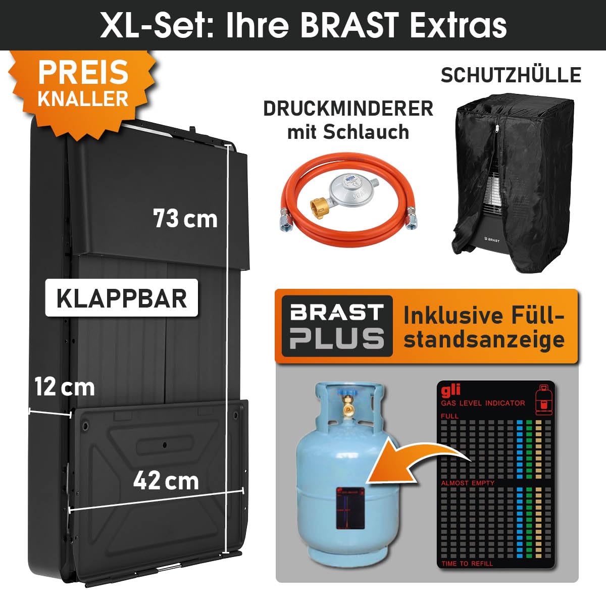 BRAST Gasheizer Keramik Vulkan 4200W | 3 Heizstufen | inkl. Schutzhülle Druckminderer mit Schlauch & Füllstandsanzeige | klappbar & mobil | für Gasflaschen bis 15kg | Gasheizung Heizstrahler Heizgerät