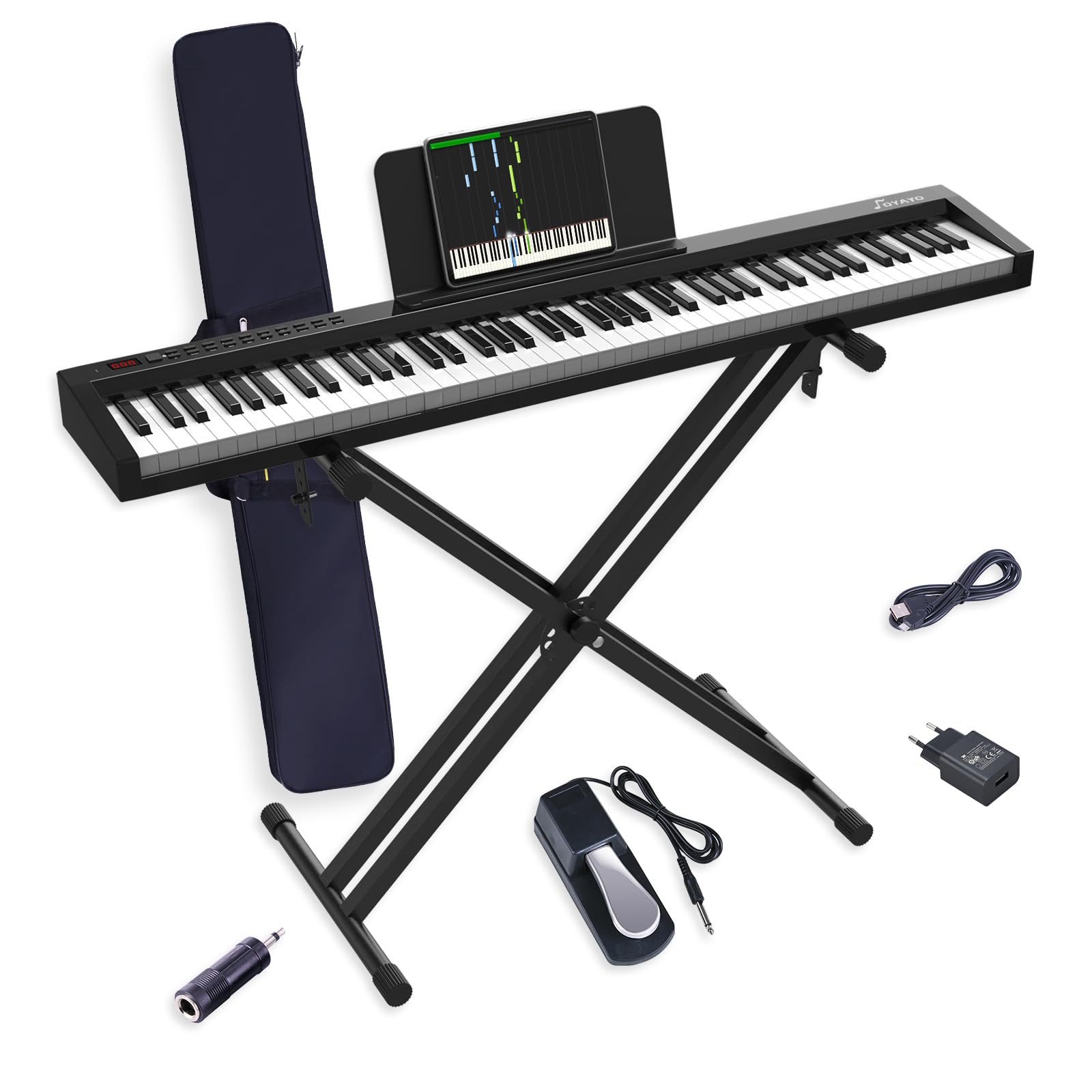 Digitalpiano 88 Tasten, Halbgewichtete Tastatur, Bluetooth MIDI, E-Piano mit X-Ständer, Sustain-Pedal, Notenständer und Tragetasche für Anfänger, Kinder und Erwachsene