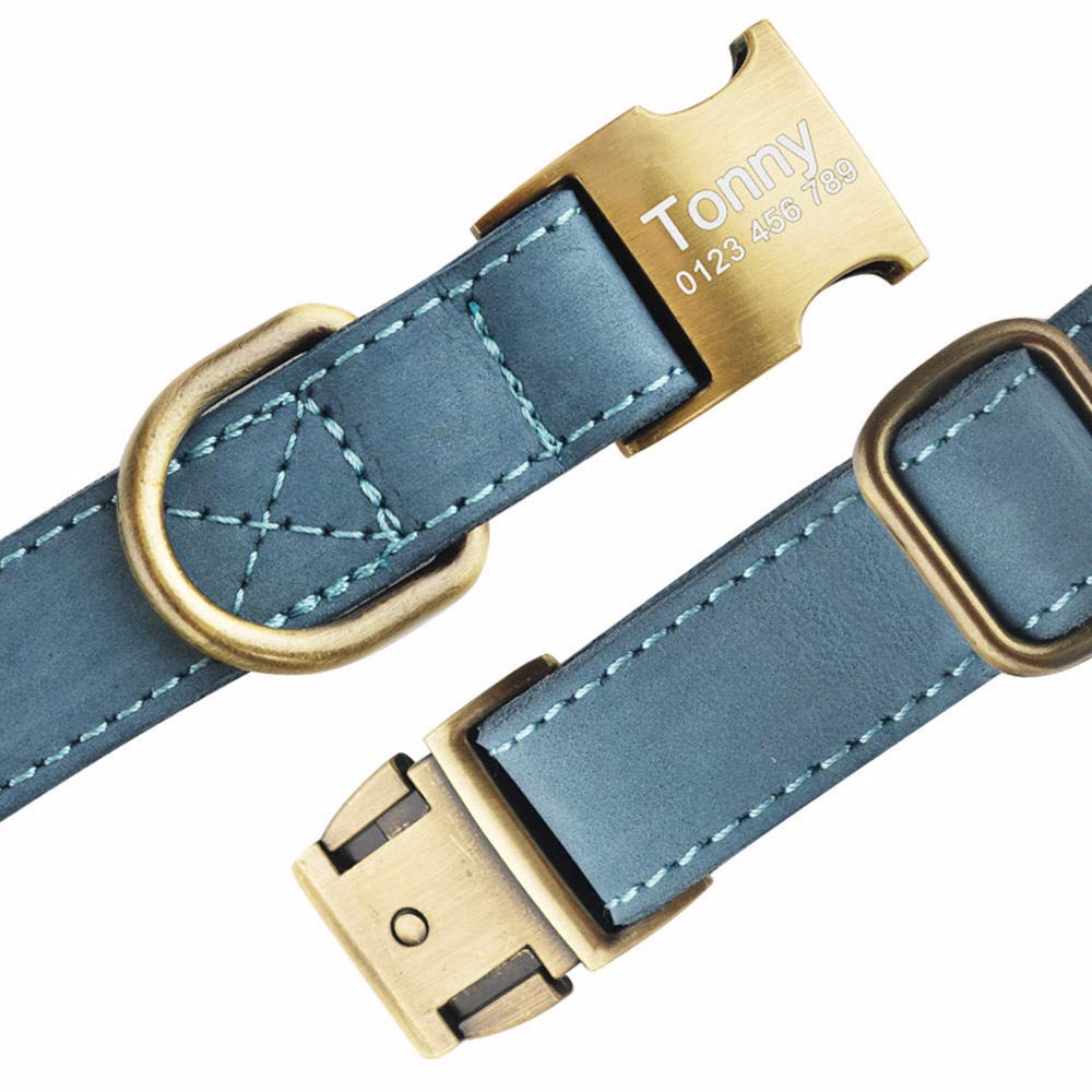 Collare per Cane in Pelle con Nome Personalizzato per Cucciolo, Fibbia per Ragazza Ragazzo con Incisione Personalizzata SL-Blue_L_ (36-55_cm)