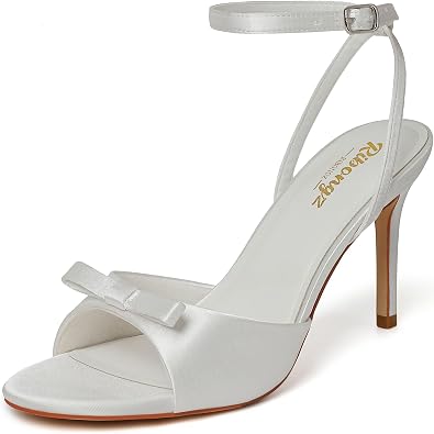 RIBONGZ Womens High Heels Round Open Toe Sexy Kitten Sandals Stiletto Heeled Pumps Ankle Strap Bridal Shoes with Bow Summer Wedding Party Casual Office Work