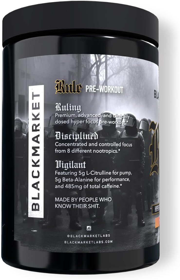BLACKMARKET Rule – High-Stimulant Nootropic Pre-Workout | 485mg Caffeine, Alpha GPC, Lion’s Mane, Uridine | Intense Focus, Energy & Drive | Peach Rings | 40/20 Servings