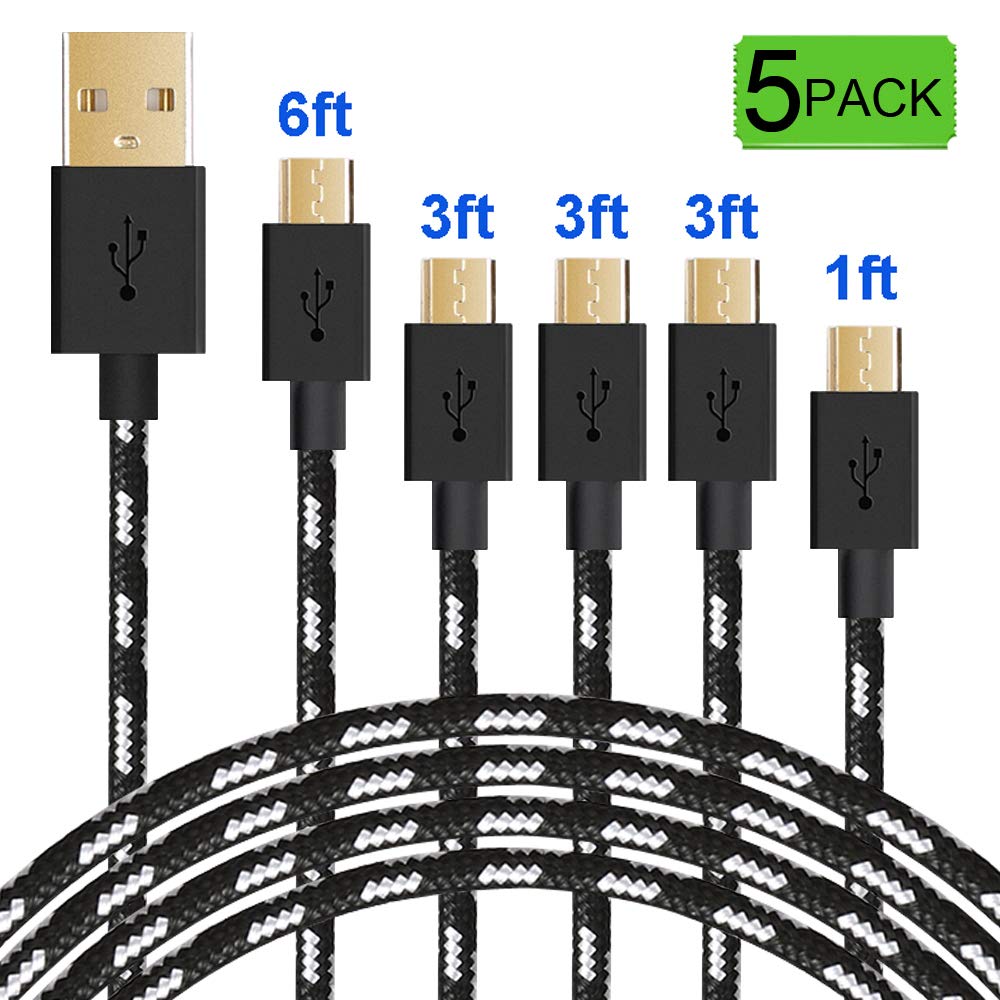 Micro Usb Cable Android Charger 5 pack premium Nylon Braided High Speed Durable Charging Cable for Android ,Samsung,Nexus,LG,HTC,Nokia,Sony,and More(Black)