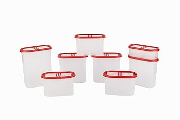 Cutting EDGE 360 View Clear-Top 3 Line Modular Containers Oval Set for Rice, Dal,Atta, Flour, Cereals, Pulses, Snacks, Stackable Kitchen Organizer Set of 8 - Red Lids