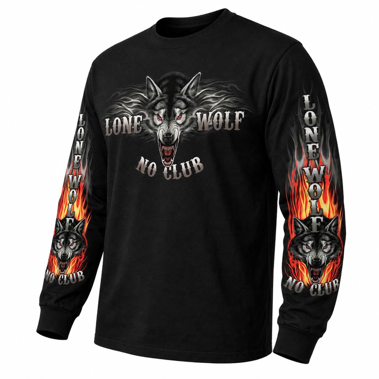 Hot Leathers Black Lone Wolf No Club Biker Long Sleeve Double Sided T-Shirt