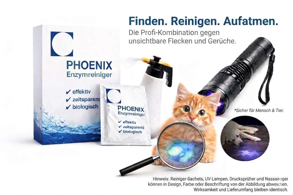 Rimuovere l'odore degli animali 1000g (50L) | + lampada UV | Detergente enzimatico in granuli per cane, cucciolo, cavallo, uccello, | Phoenix Enzymreiniger