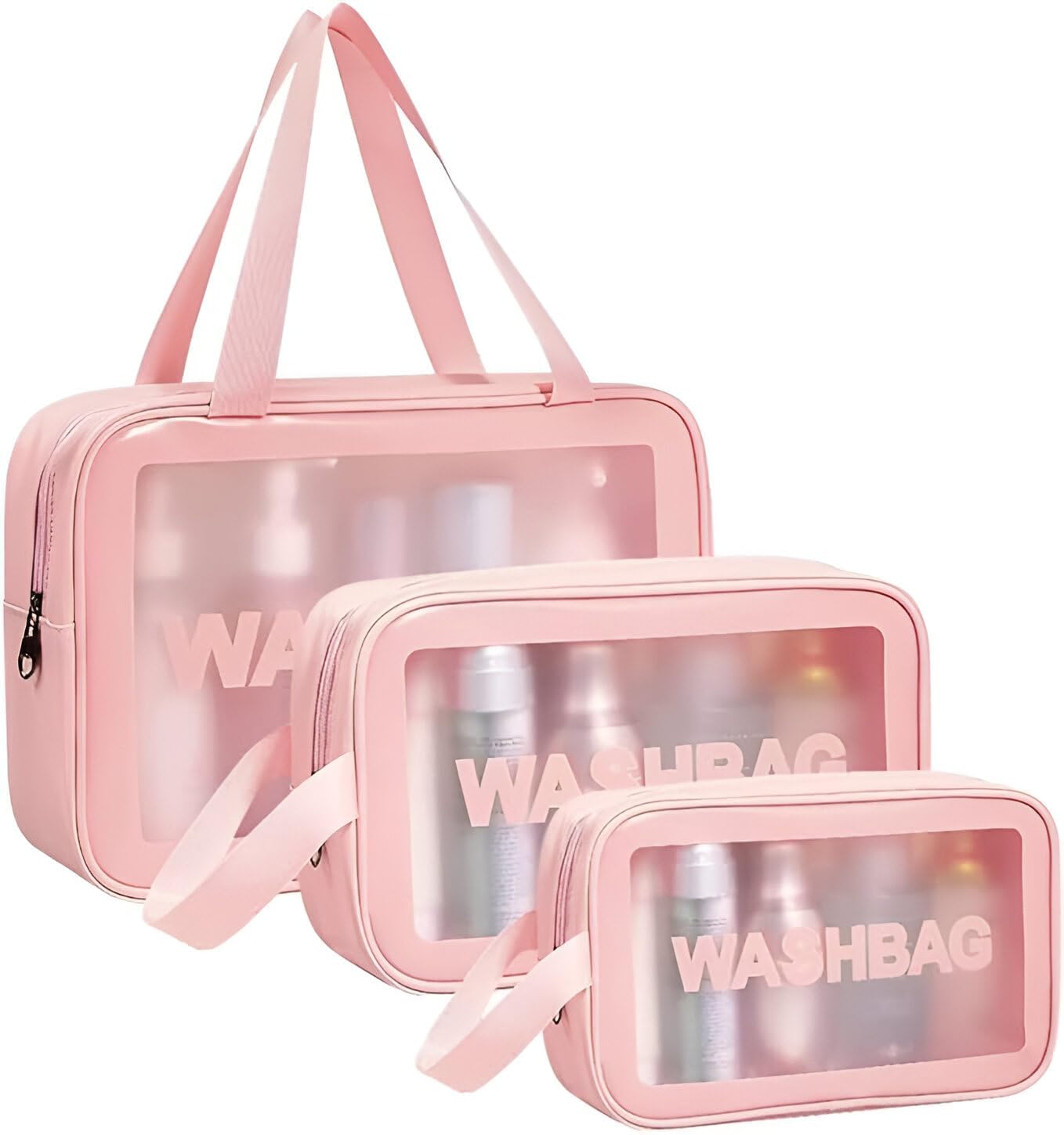 3-Piece Transparent Makeup Bag Set | Clear Cosmetic Organizer Pouches (Large/Medium/Small) | Waterproof Travel Toiletry Bags for Skincare & Beauty Essentials (Pink)-image-4