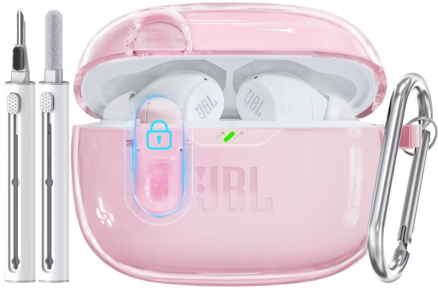 for JBL Vibe Beam 2/JBL Vibe Beam Case with Lock,TPU Transparent Protective Earbuds Case for Men Women with Cleaner Kit and Keychain Compatible with JBL Vibe 200TWS Clear Pink