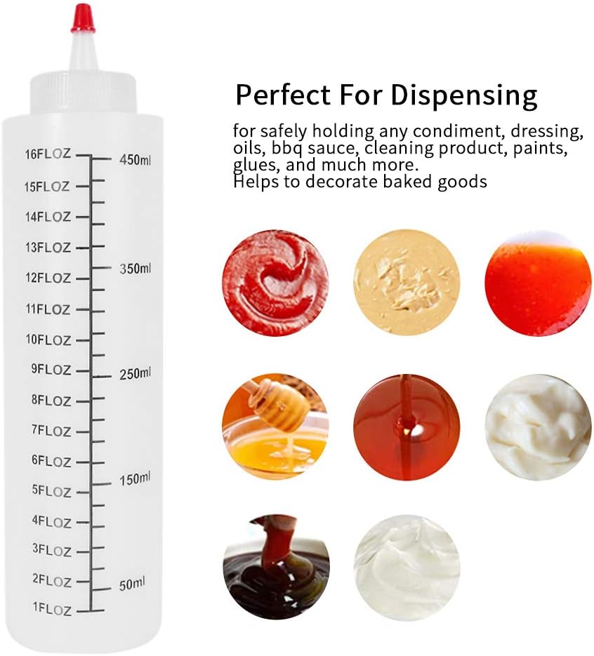 STARSIDE 12 Pack 16 oz Plastic Squeeze Condiment Bottles with Scale & Red Tip Cap,BPA-Free Squirt Bottles for Cookie Decorating,Sauces,ketchup,Salad,Arts and Crafts!