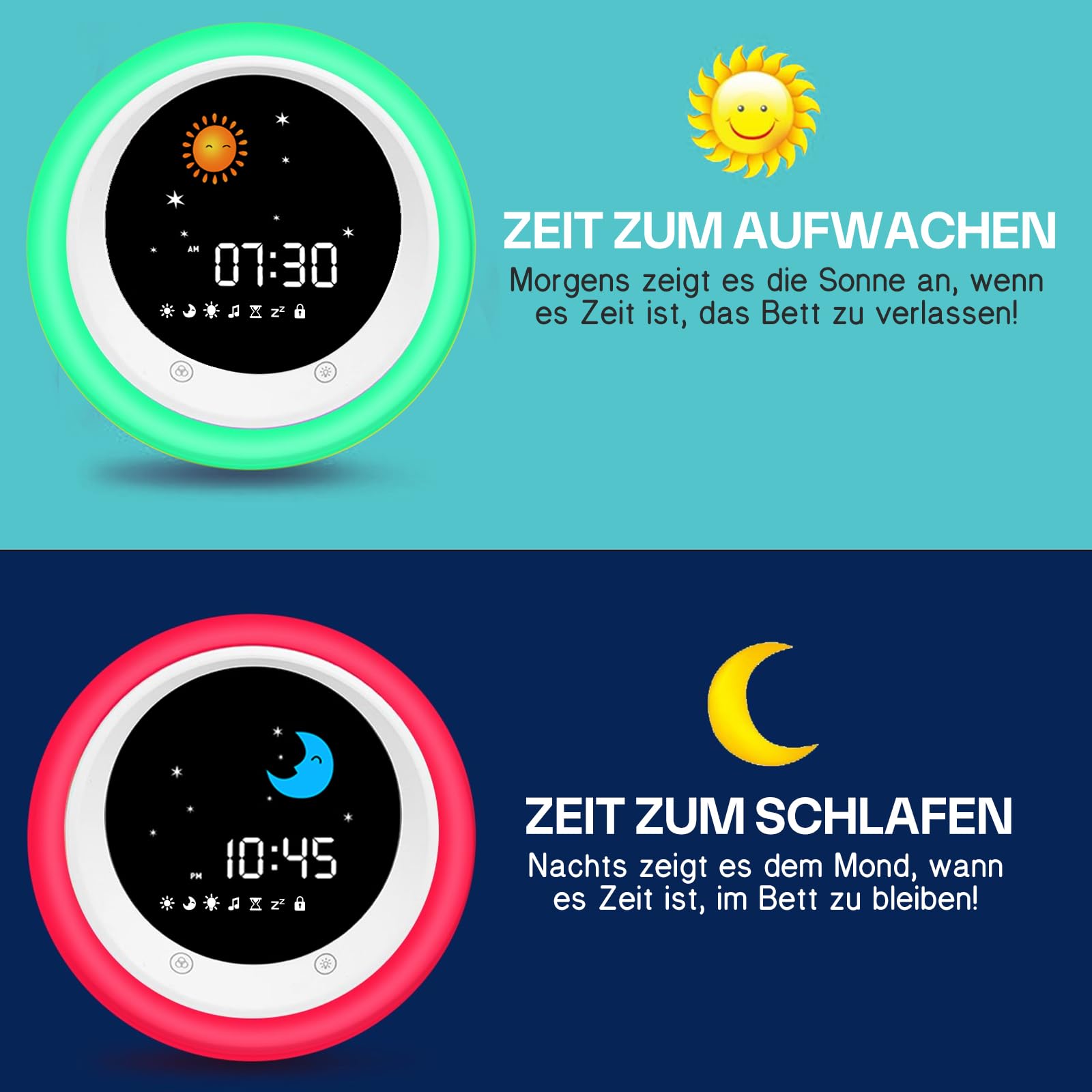 I·CODE Wecker Kinder, Kinder Schlaftrainer Kinderwecker mit Nachtlicht, Schlaf Sound Maschine, Schlaf Timer(Aktualisierte Version 2024)