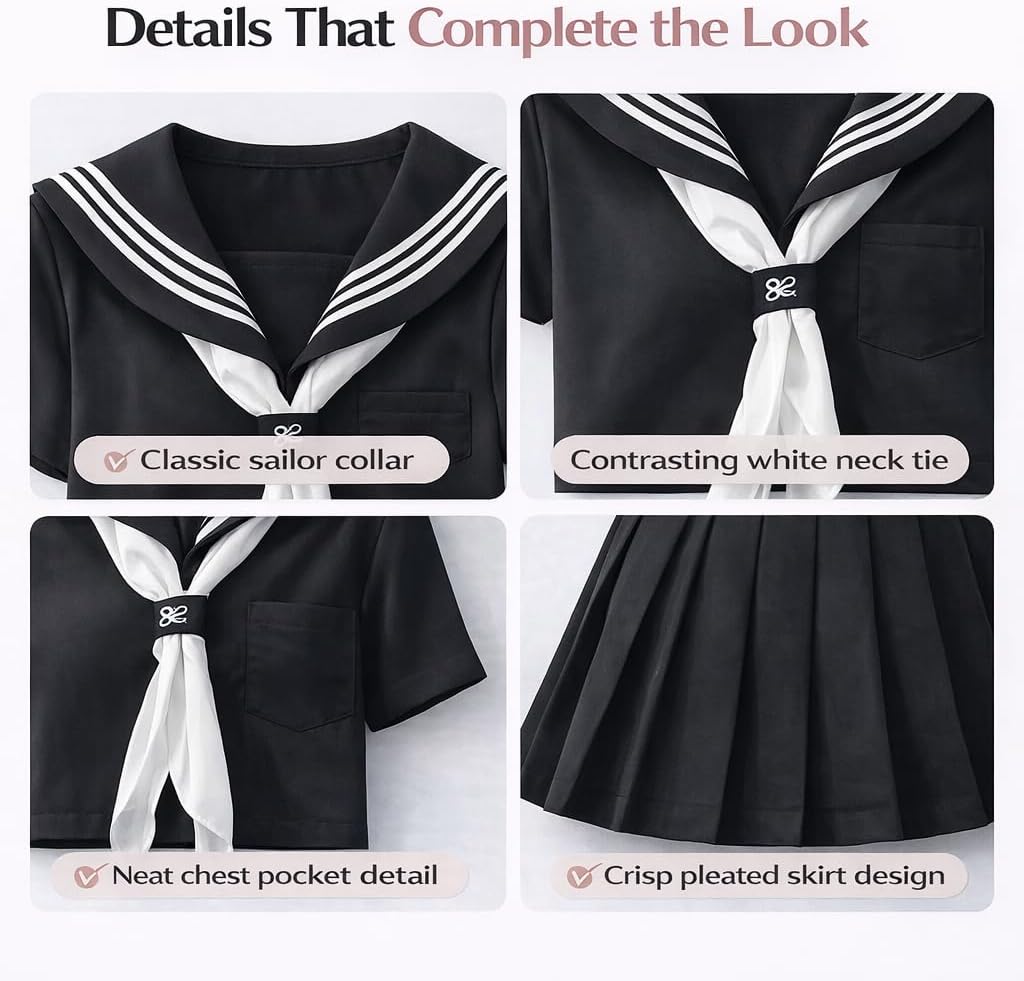 Japanese Sailor Uniform for Women, 4 Piece Anime JK Cosplay Outfit with Pleated Skirt, Scarf & Socks