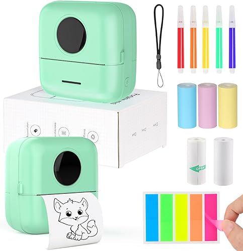 Mini impresora de calcomanías con 5 papel térmico, 5 bolígrafos de color y 75 papeles de marcado adhesivos, máquina térmica sin tinta, mini