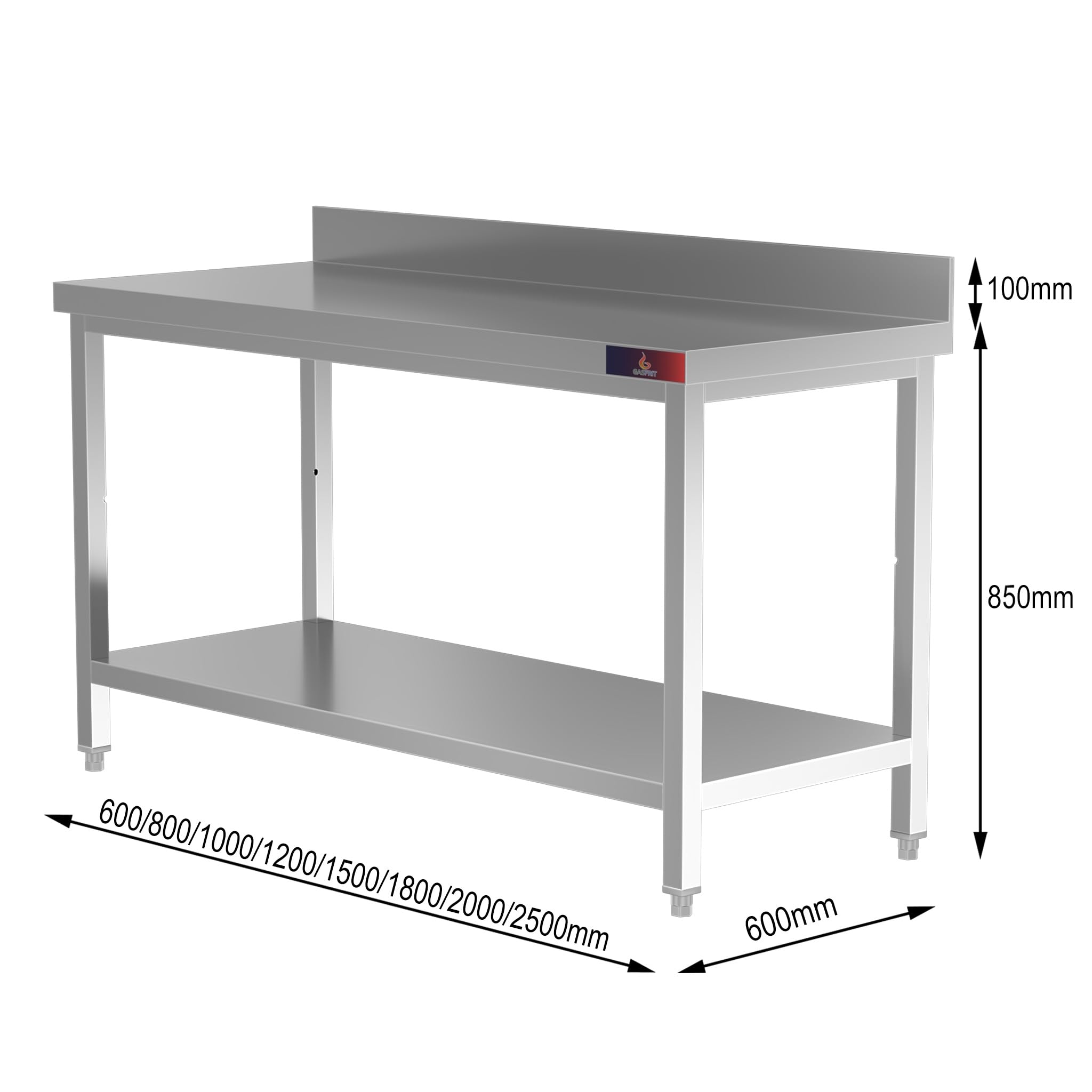 Mesa de Trabajo de Acero Inoxidable con Peto para Preparación de Alimentos – Mesa Industrial Profesional con Estante Inferior y Patas Regulables – Cocina y Hosteleía (1200 x 600 x 850)