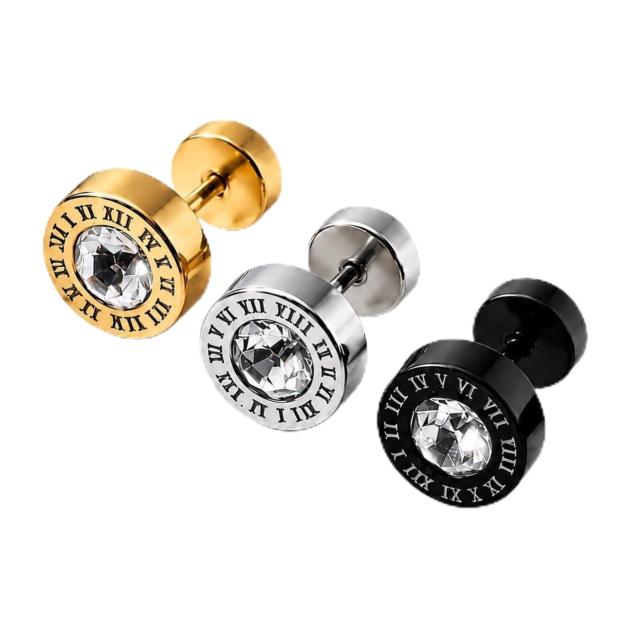 Roman Dial Single Ear Gold,Silver & Black Plated Stud Earring With Crystal Stone-image-30
