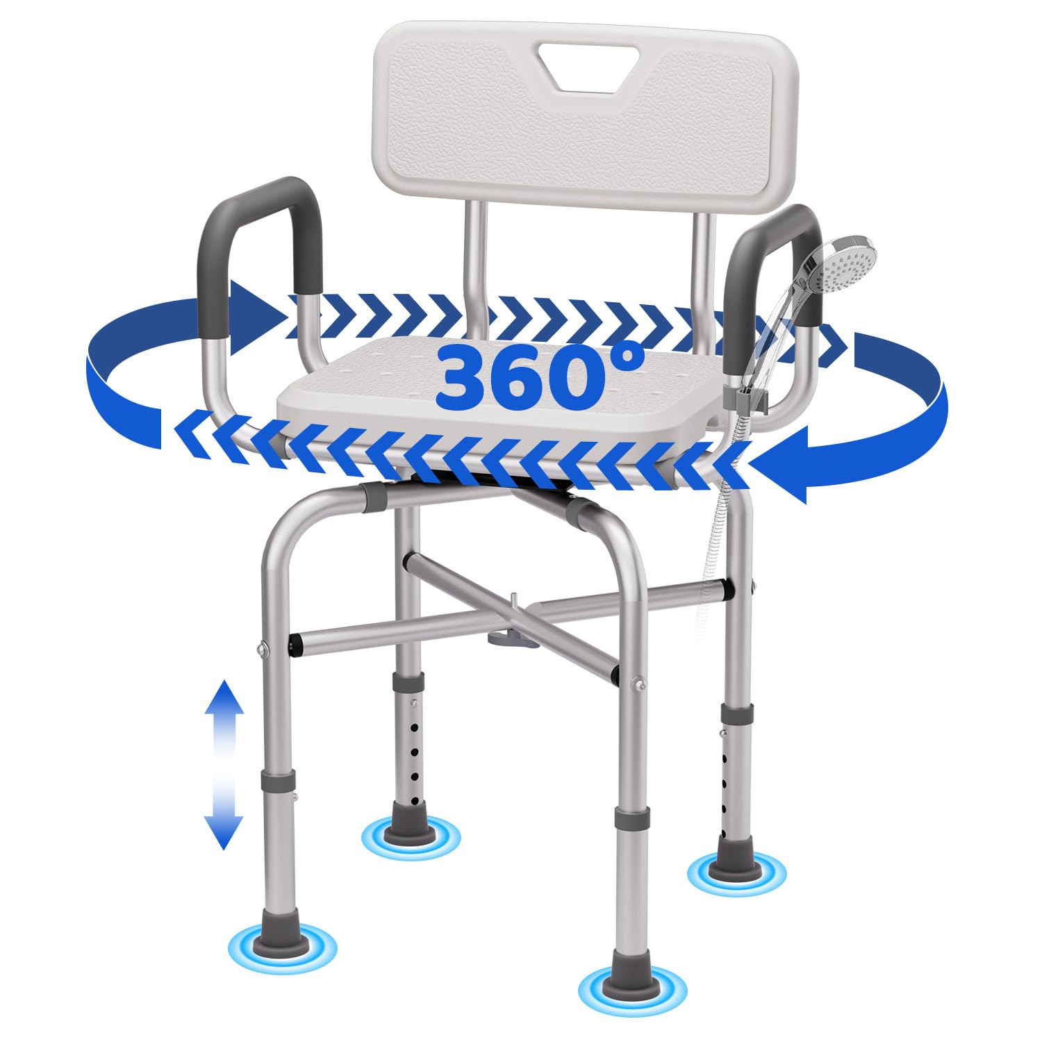 Silla de ducha giratoria de 360° para ducha interior, silla de ducha giratoria de 500 libras con brazos y respaldo, silla de ducha de altura ajustable para ancianos y discapacitados con taburete de | Silla de ducha con brazos y respaldo, altura ajustable,