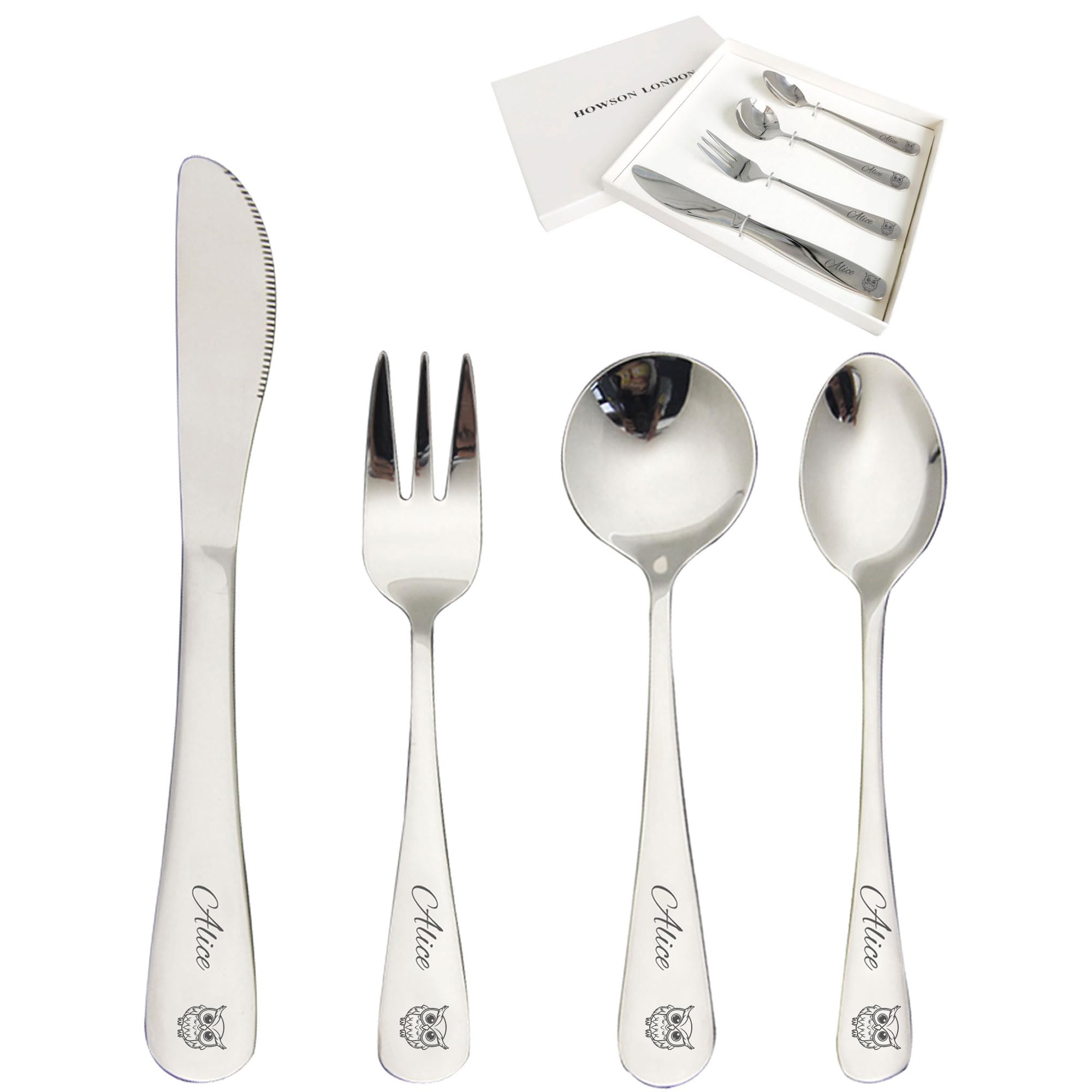 Personalized Kids Children Toddler Cutlery Set - 4pcs Engraved Knife Fork Spoon Stainless Steel Cutlery Set - Christening & Christmas Gifts for Boy Kids Girls (Owl)