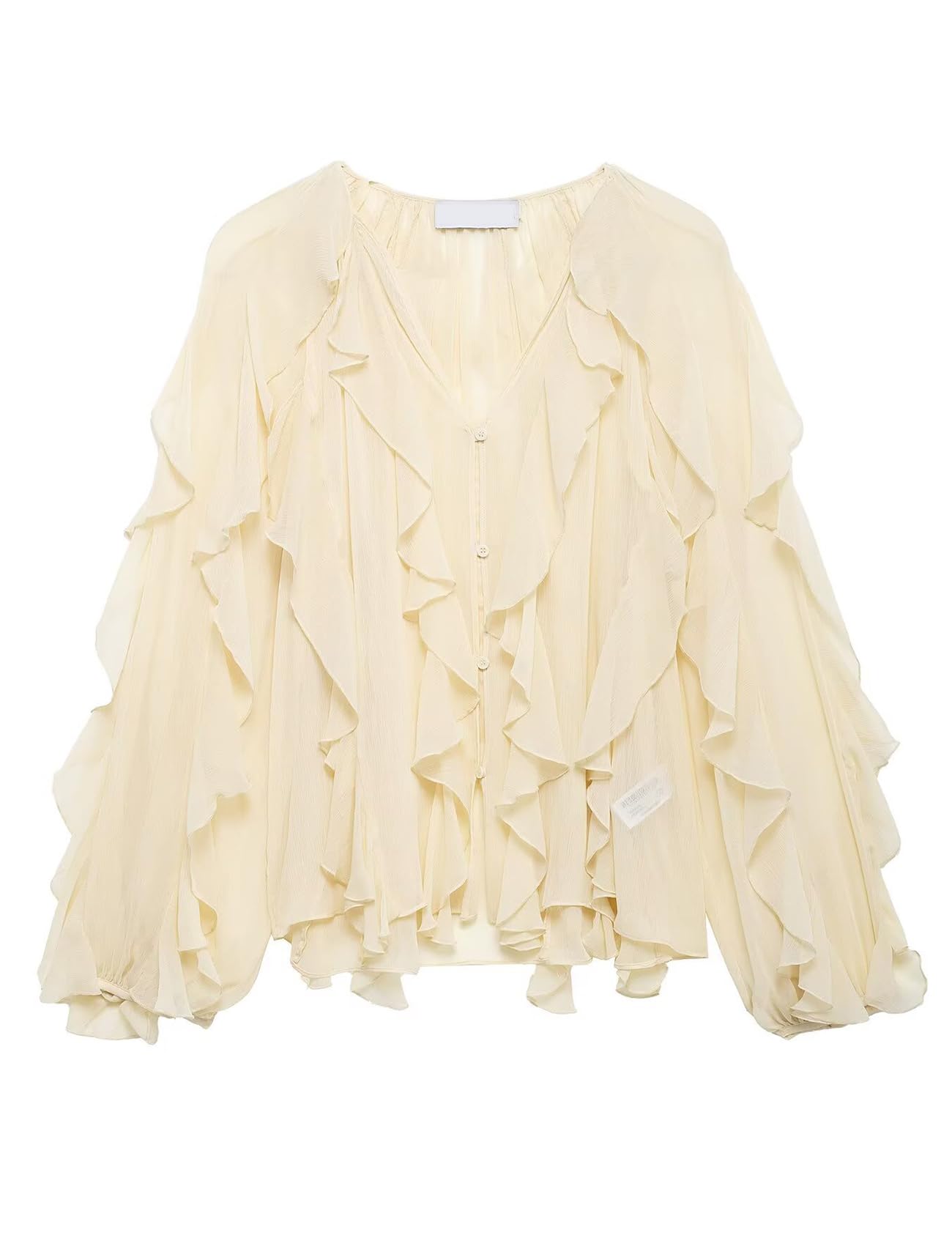 Shiyifa Blusa transparente con volantes para mujer, cuello en V, gasa transparente con volantes, tops de verano para salir