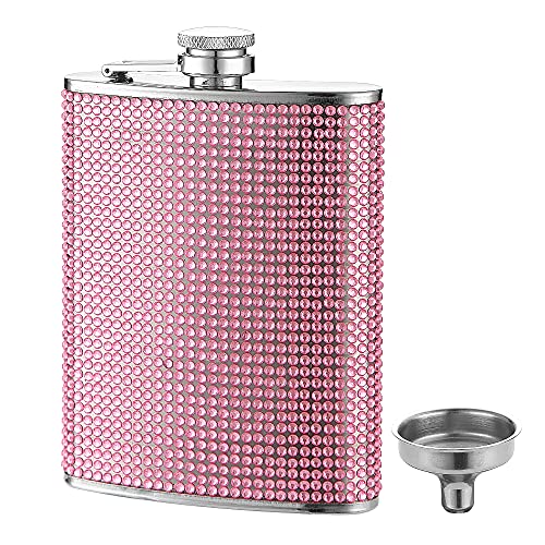 FYL Hip Flask for Liquor, Pink Glitter Flask 8oz with Never-Lose Cap