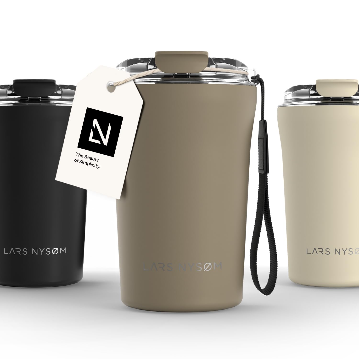 LARS NYSØM Thermo Kaffeebecher to go mit Trageschlaufe & Tritan Deckel | Travel Mug 0,38 Liter mit Isolierung | Auslaufsicherer Edelstahl Thermobecher für Café & Tee (Taupe Brown, 380ml)
