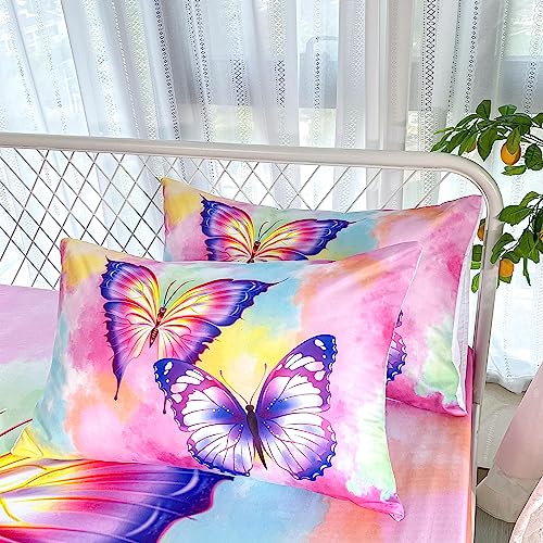 Cvhouse Butterfly Fitted Sheet Full Size,Butterfly Bedding Set,Colorful Butterfly Bed Sheet Set,1 Flat Sheet & 1 Fitted Sheet With 2 Pillow Cases - 4 Piece #TOP7